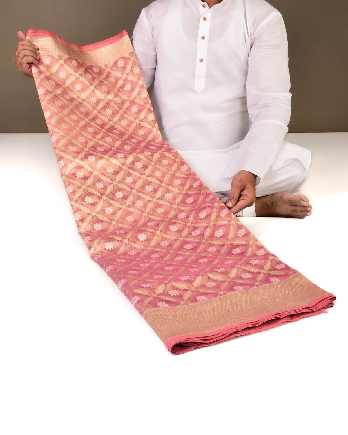 Metallic Pink Banarasi Gold Zari & Resham Jaal Cutwork Brocade Handwoven Kora Tissue Saree-HolyWeaves