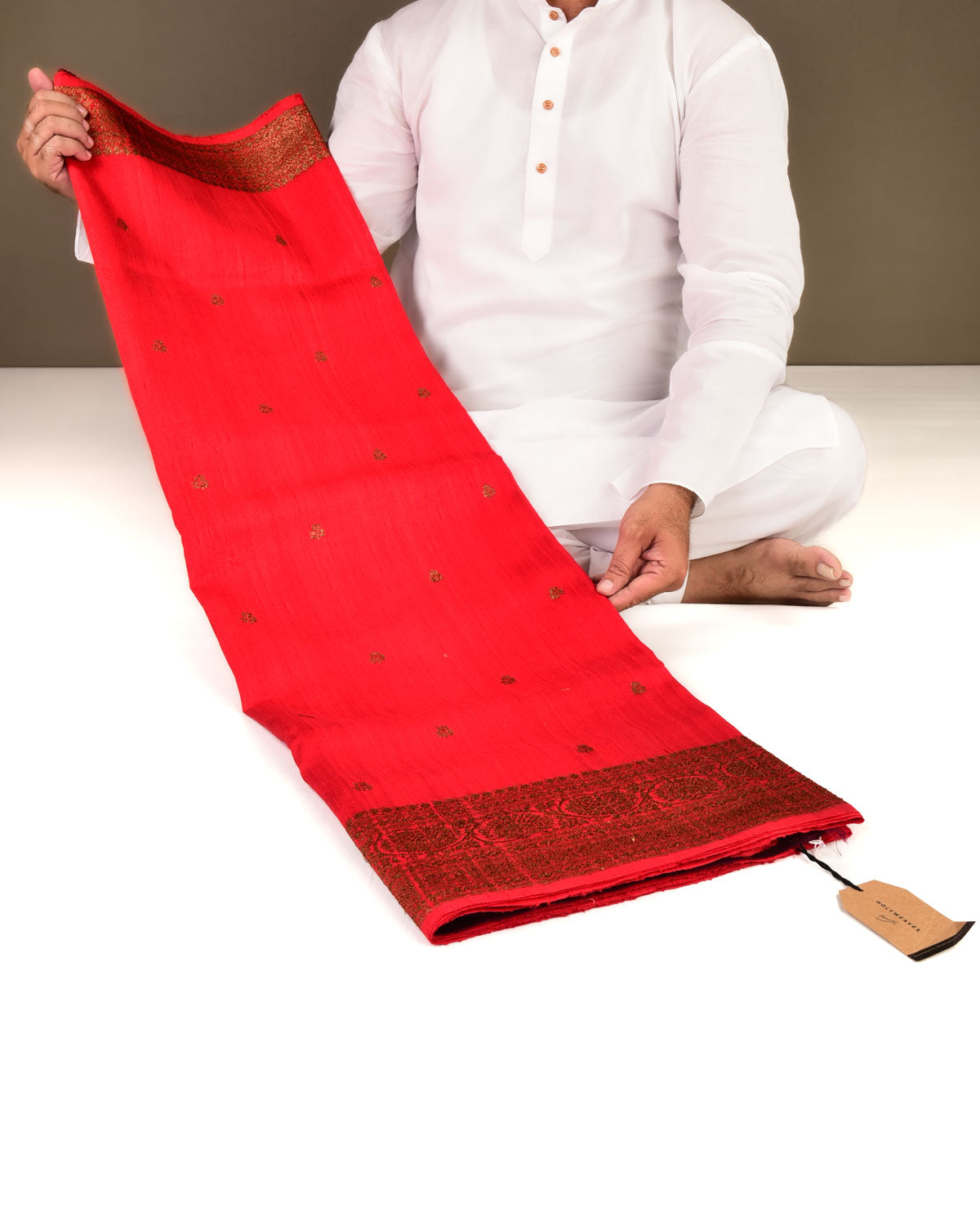 Red Banarasi Antique Zari Buti Kadhuan Brocade Handwoven Raw Silk Saree with Maroon Contrast Blouse-HolyWeaves