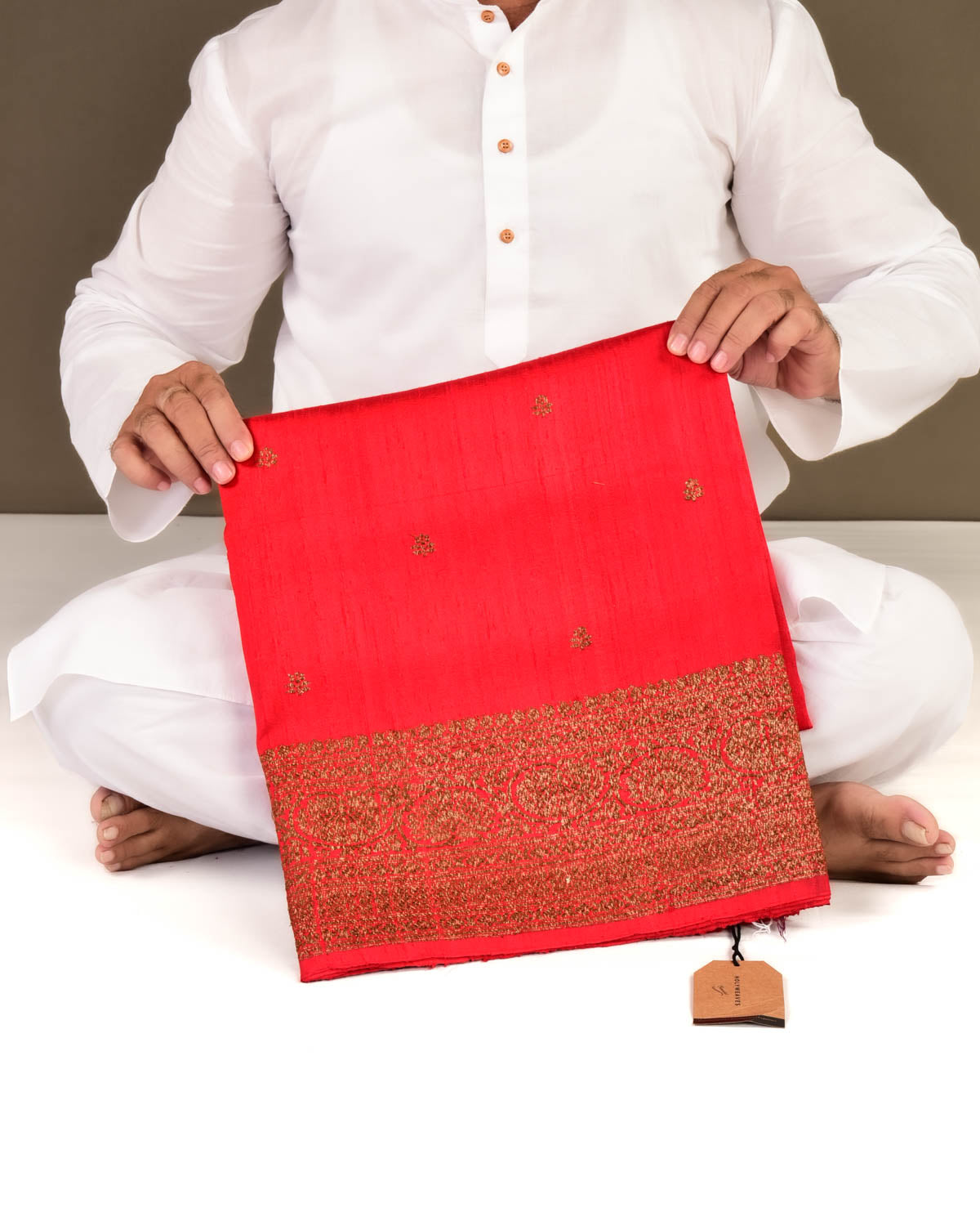 Red Banarasi Antique Zari Buti Kadhuan Brocade Handwoven Raw Silk Saree with Maroon Contrast Blouse-HolyWeaves