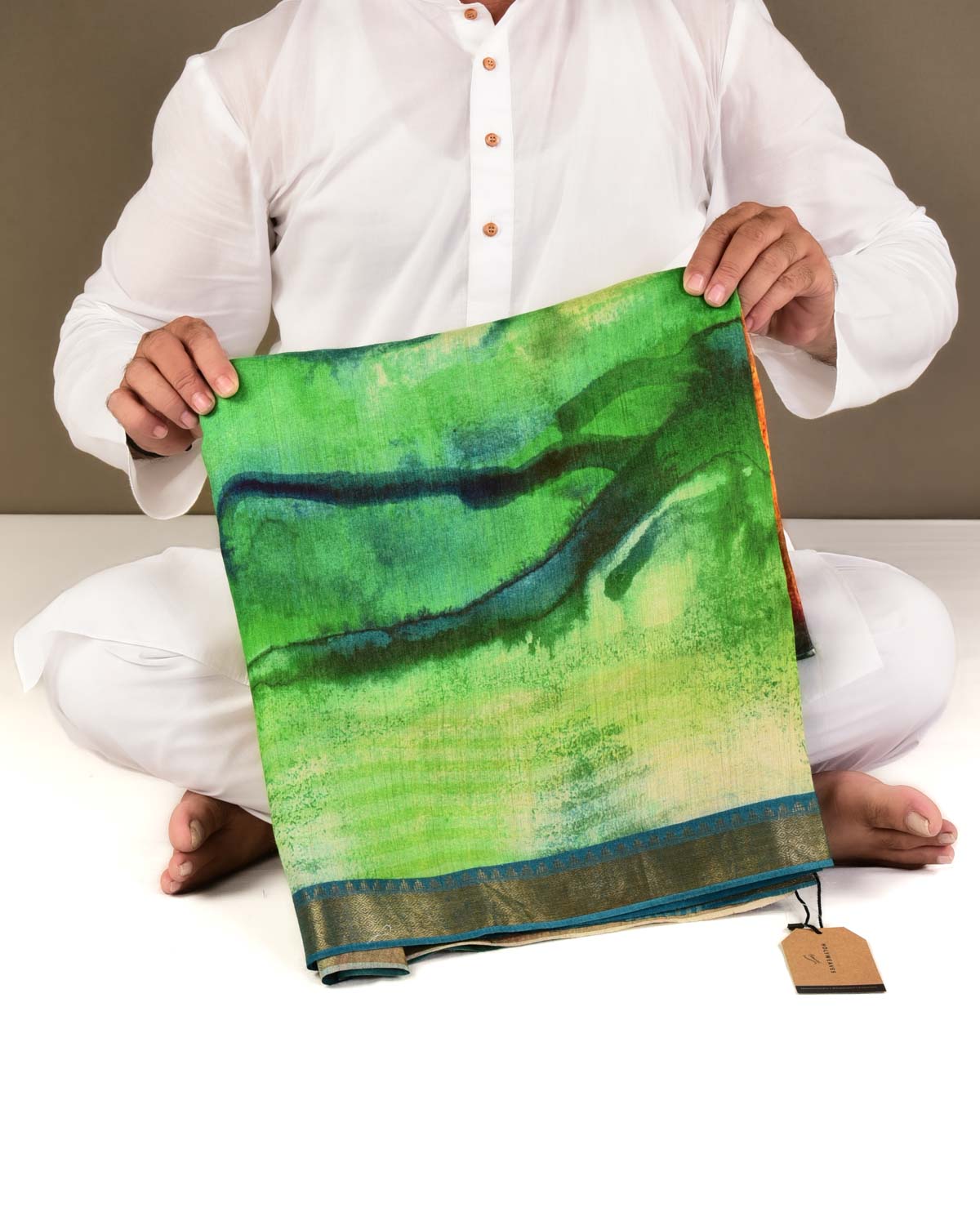 Green Shaded Printed Lightweight Muga Silk Saree-HolyWeaves