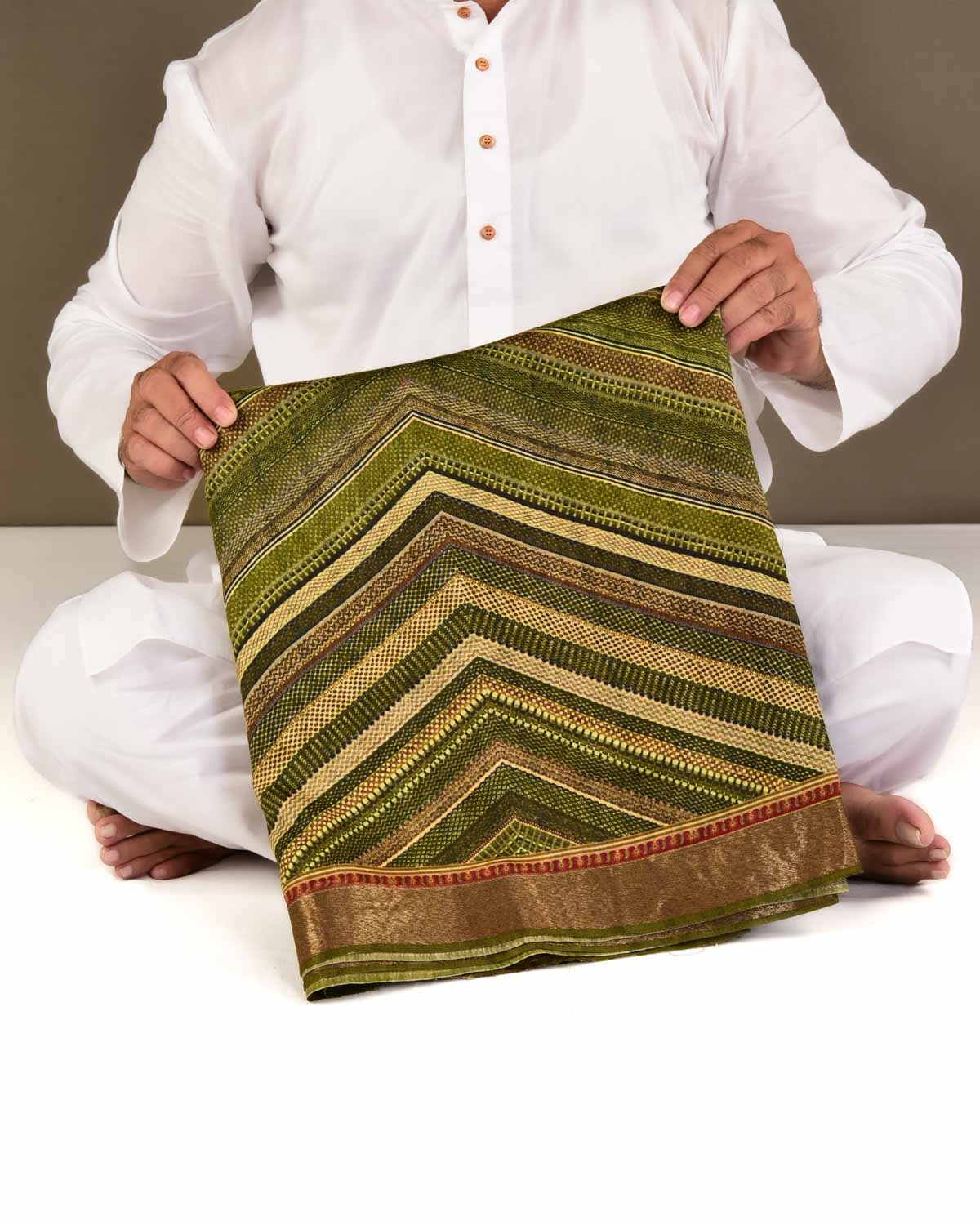 Green Multi Chevron Printed Lightweight Muga Silk Saree with Zari Border-HolyWeaves
