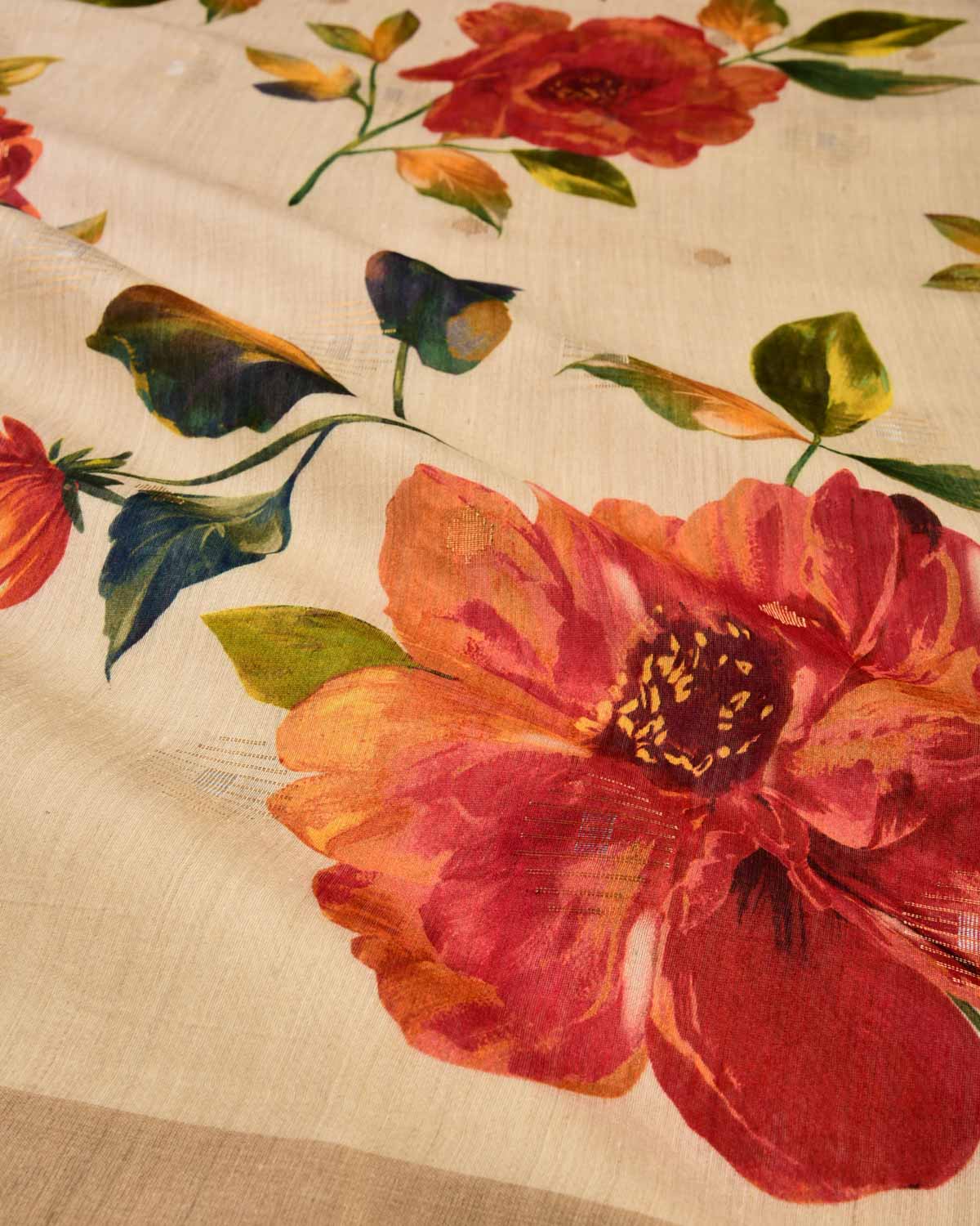 Beige Floral Digital Printed Woven Munga Silk Saree with Sona Rupa Zari Essence-HolyWeaves