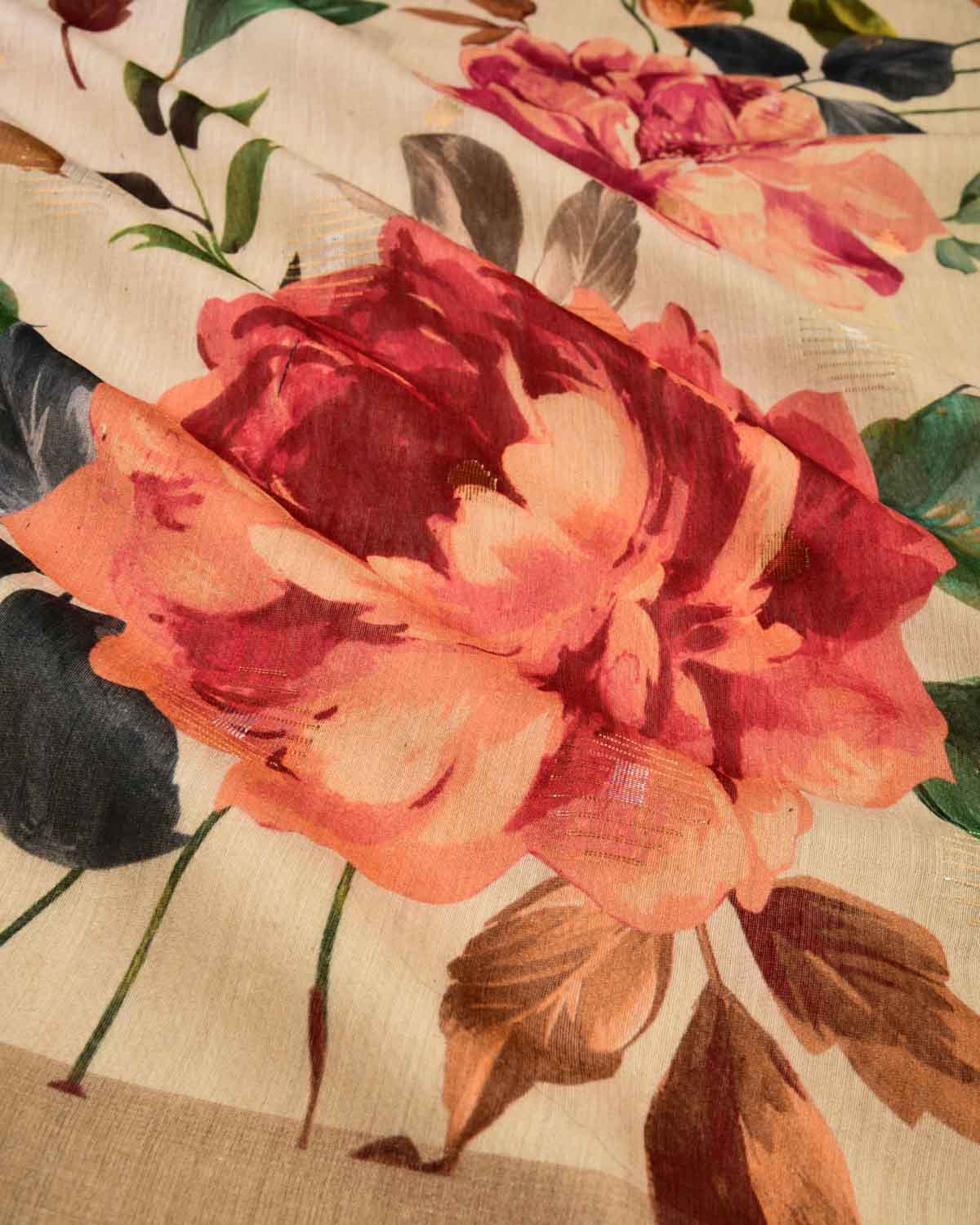 Beige Floral Digital Printed Woven Munga Silk Saree with Sona Rupa Zari Essence-HolyWeaves