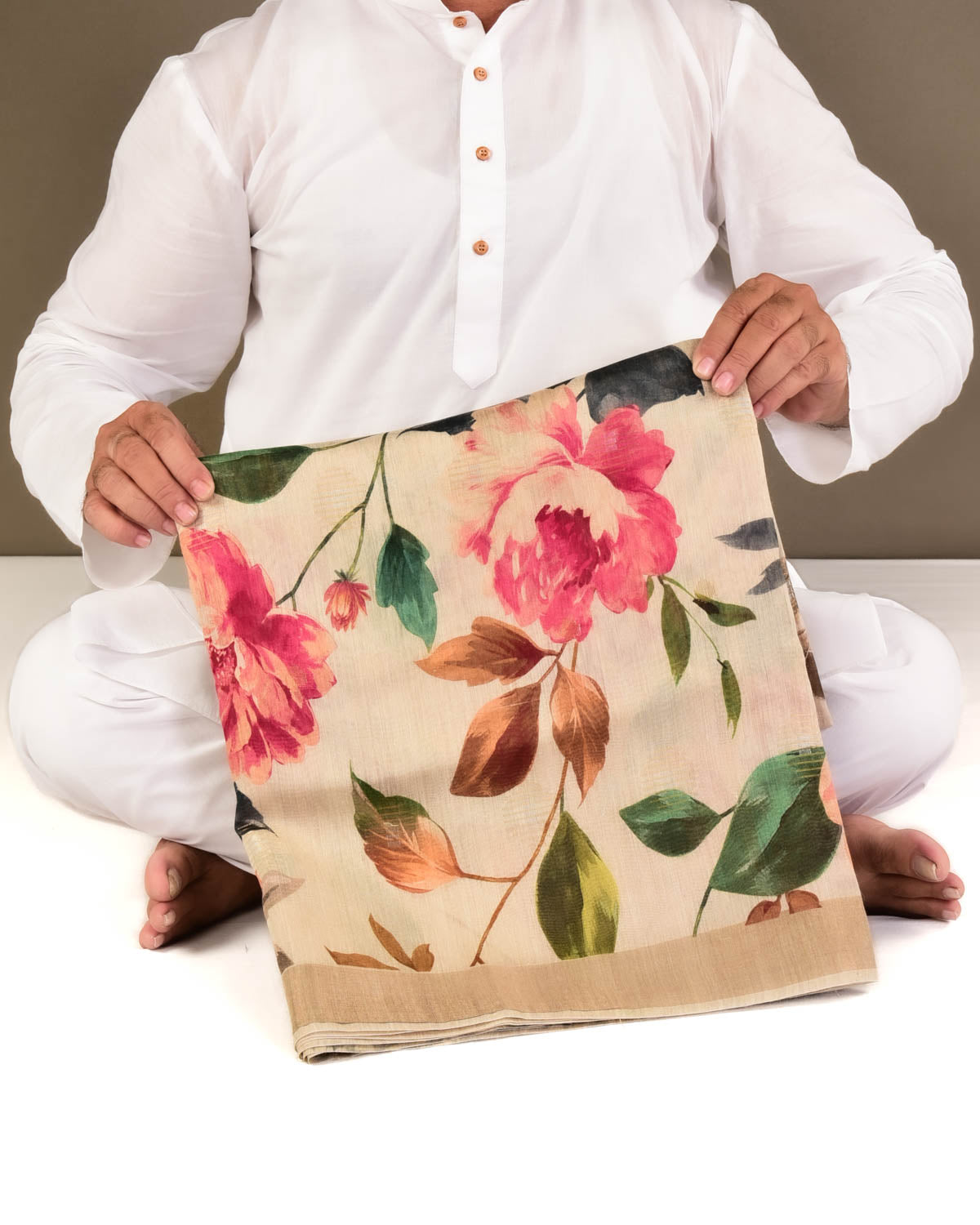 Beige Floral Printed Lightweight Muga Silk Saree with Sona Rupa Zari Accents-HolyWeaves