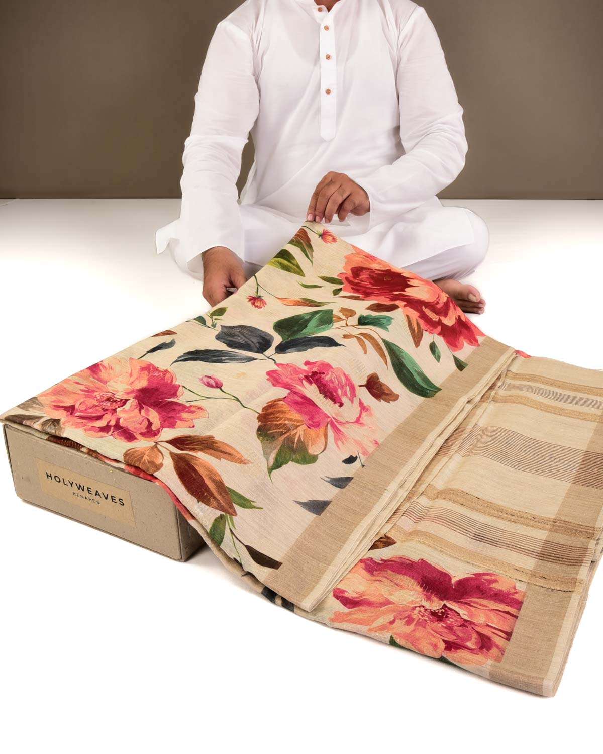 Beige Floral Printed Lightweight Muga Silk Saree with Sona Rupa Zari Accents-HolyWeaves
