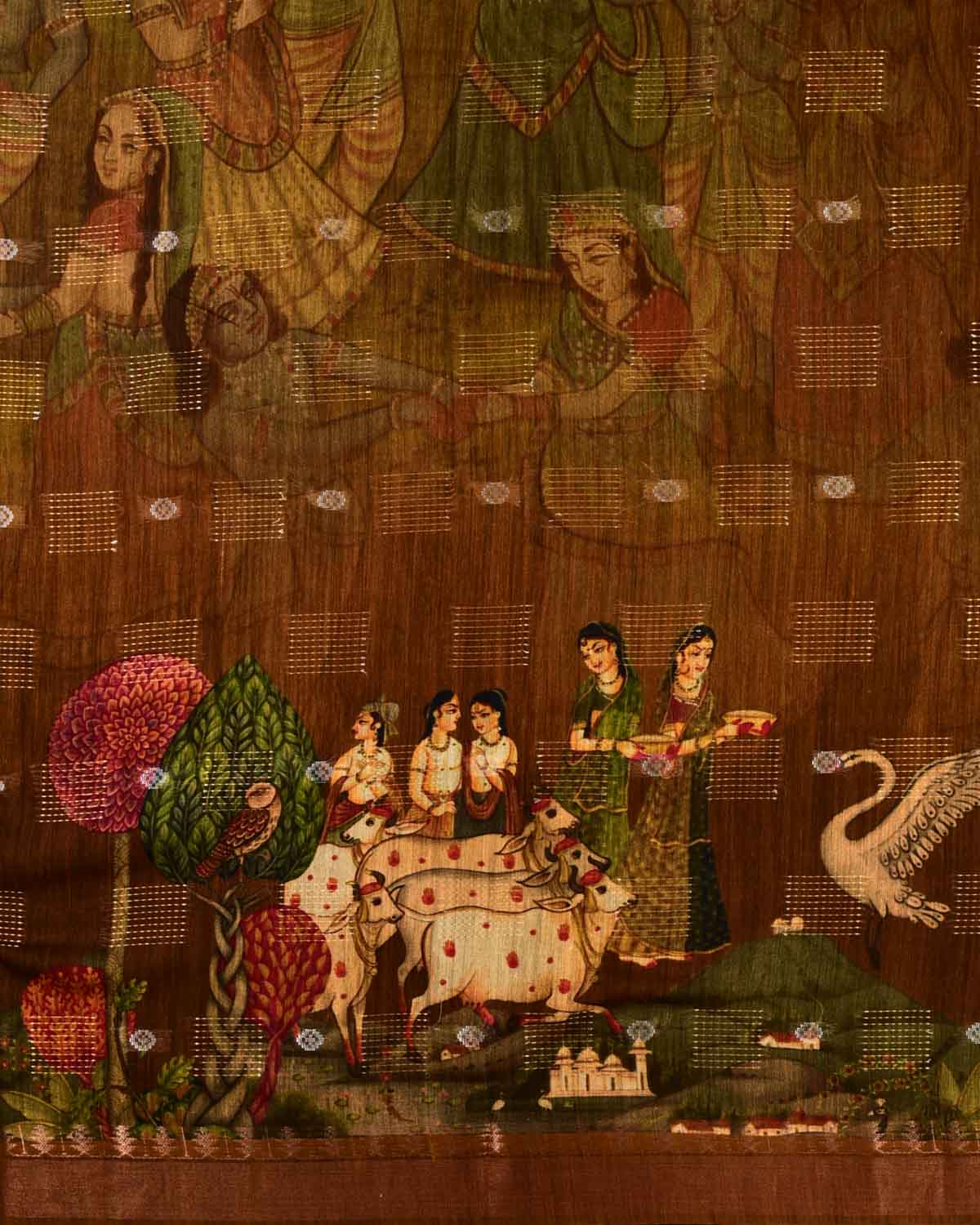 Brown Digital Printed Woven Munga Silk Saree with Sona Rupa Zari Essence-HolyWeaves