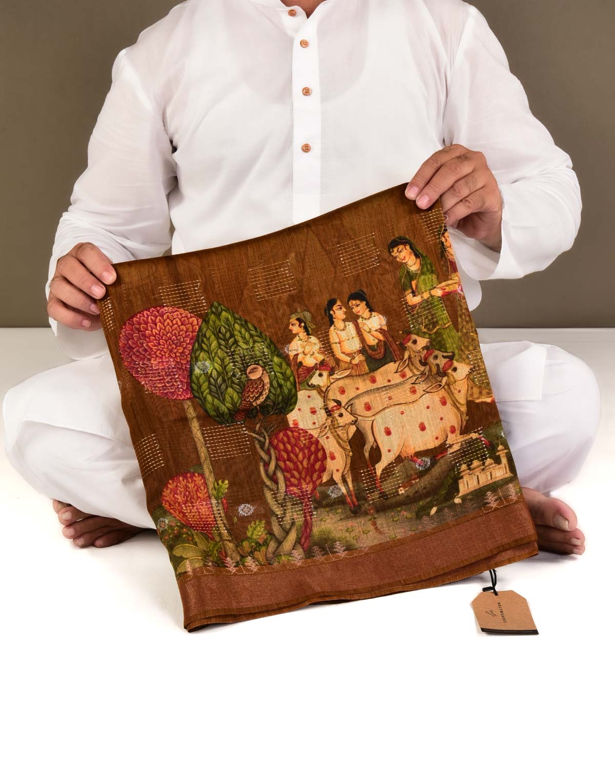 Brown Printed Lightweight Muga Silk Saree with Sona Rupa Zari Accents-HolyWeaves