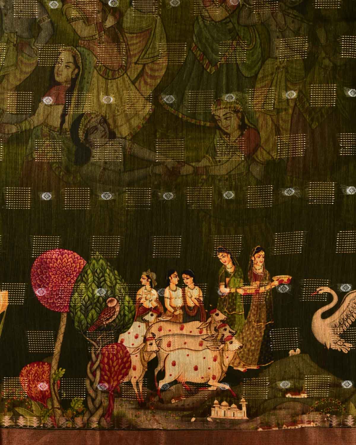 Olive Green Digital Printed Woven Munga Silk Saree with Sona Rupa Zari Essence-HolyWeaves