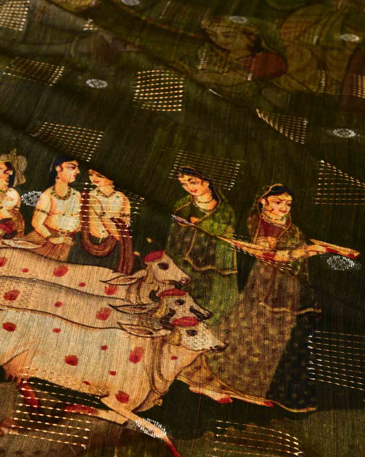 Olive Green Digital Printed Woven Munga Silk Saree with Sona Rupa Zari Essence-HolyWeaves