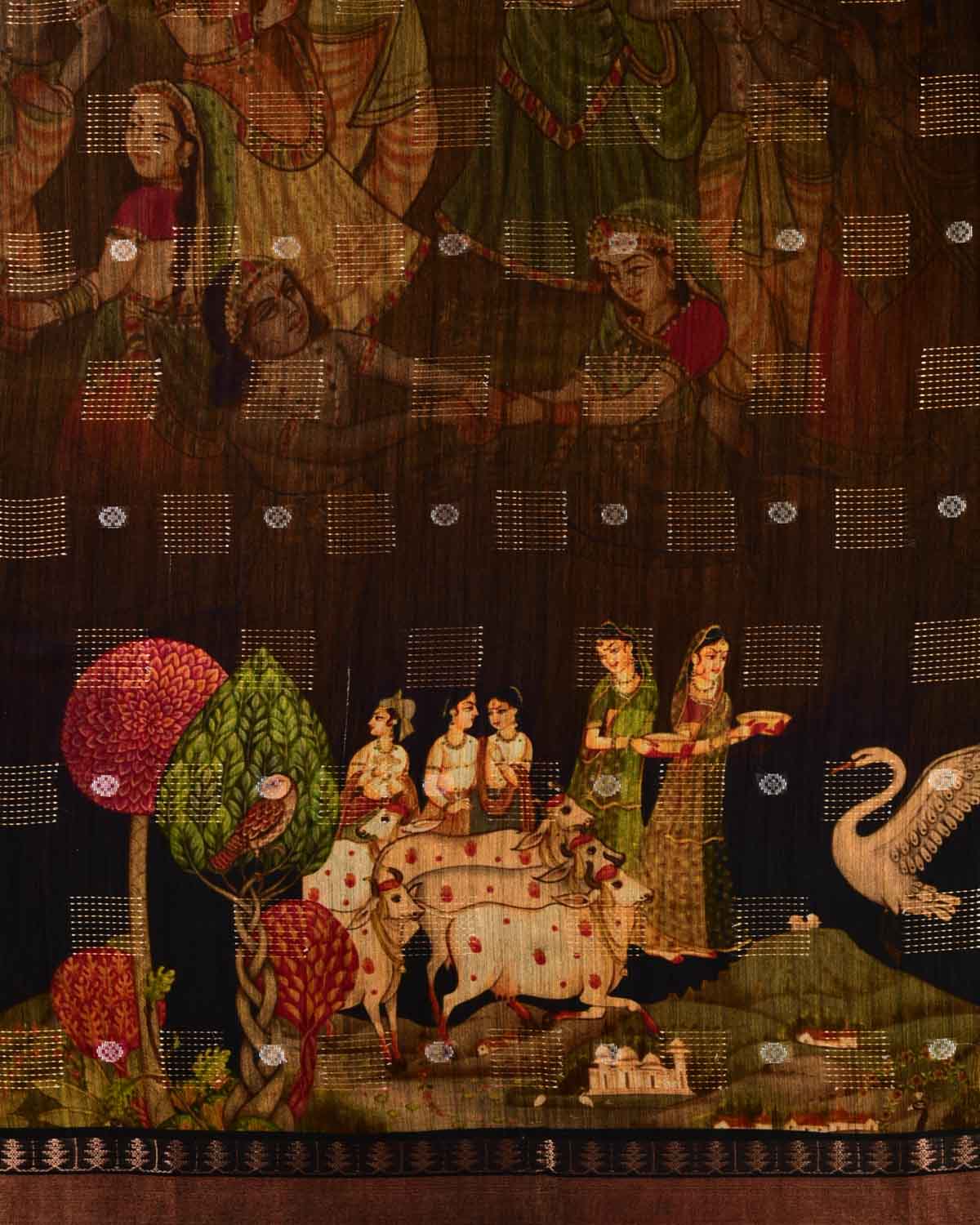 Black Digital Printed Woven Munga Silk Saree with Sona Rupa Zari Essence-HolyWeaves