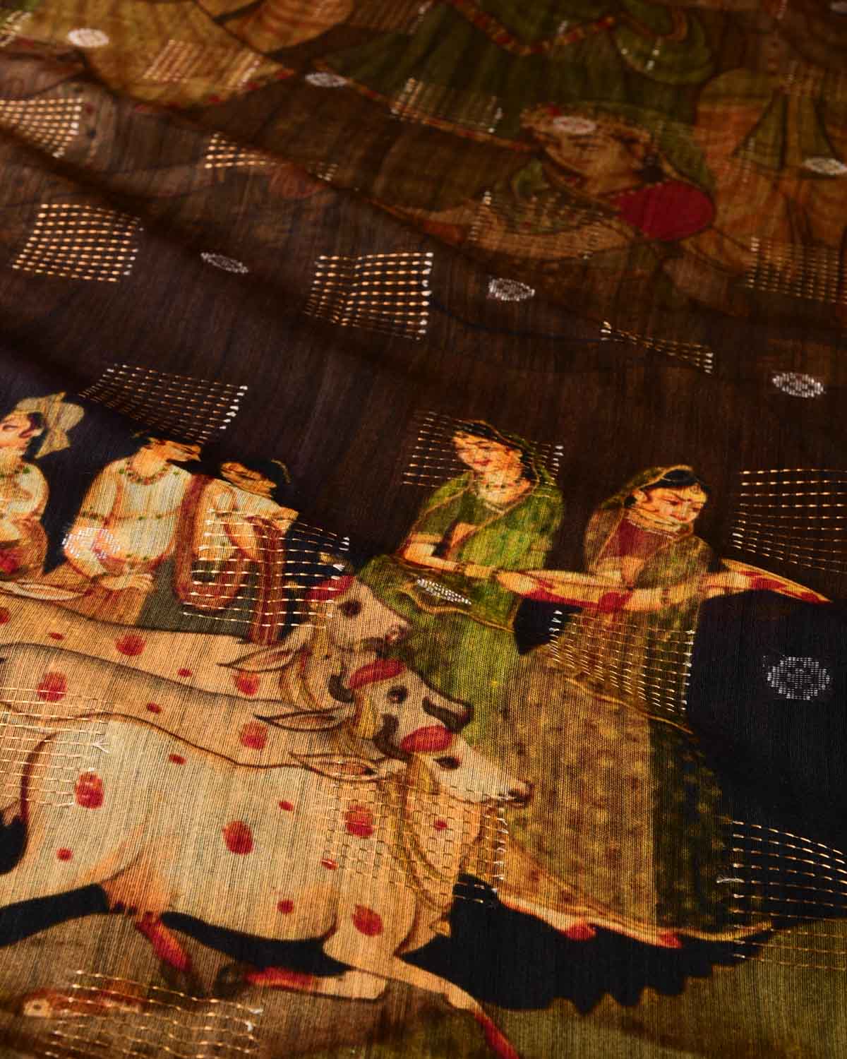 Black Digital Printed Woven Munga Silk Saree with Sona Rupa Zari Essence-HolyWeaves