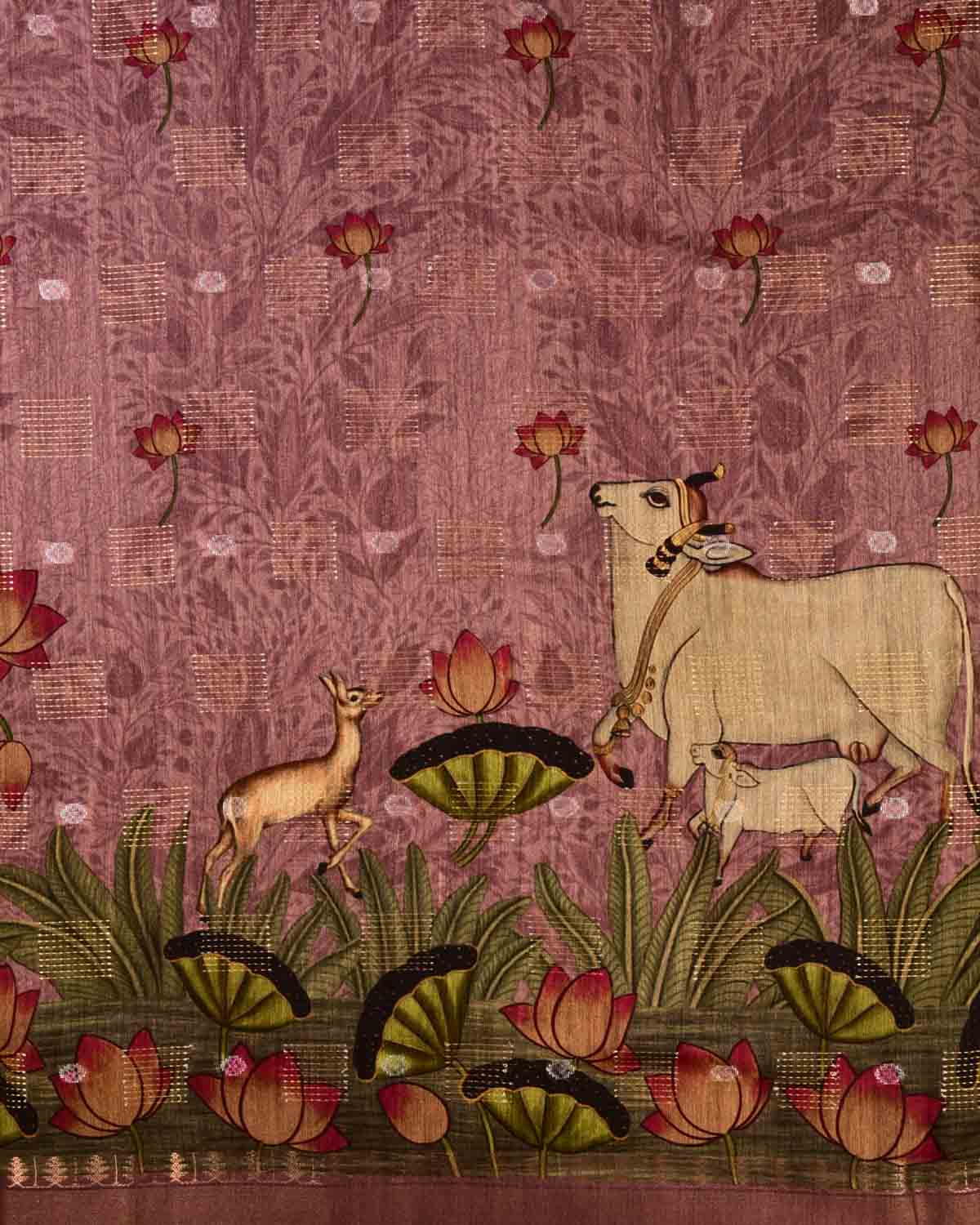 Mauve Cow Deer & Peacock Digital Printed Woven Munga Silk Saree with Sona Rupa Zari Essence-HolyWeaves