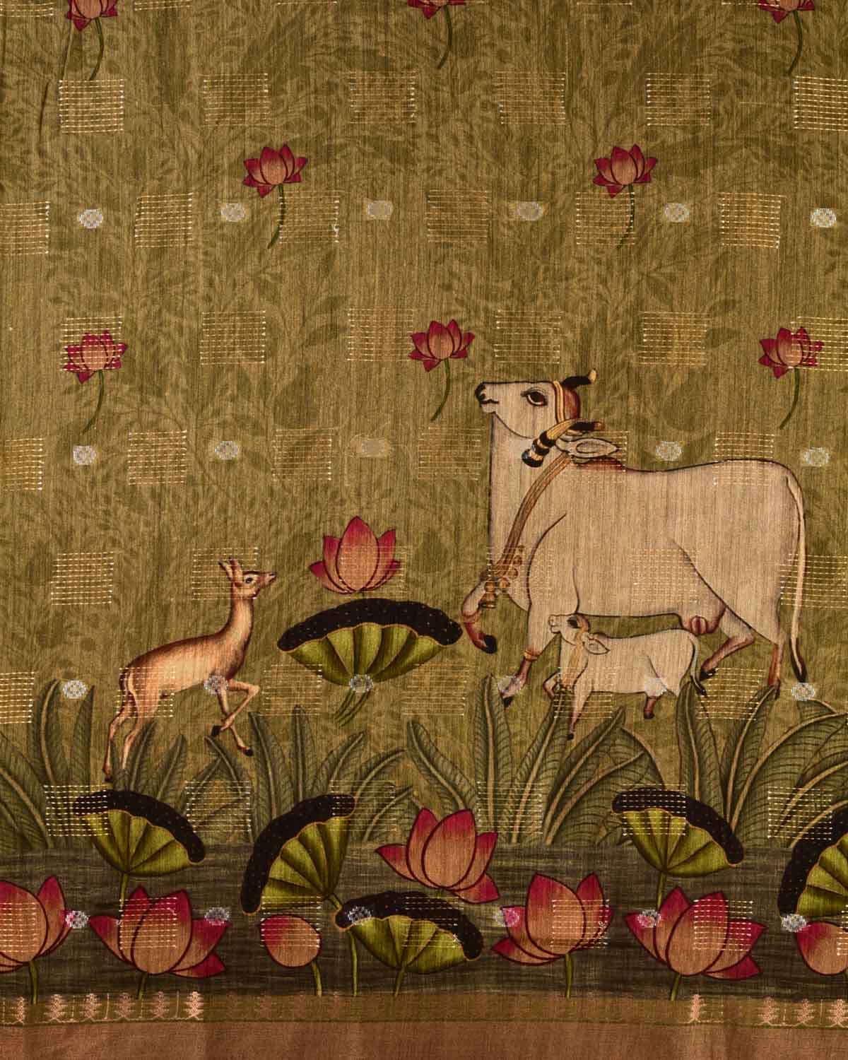 Olive Green Cow Deer & Peacock Digital Printed Woven Munga Silk Saree with Sona Rupa Zari Essence-HolyWeaves