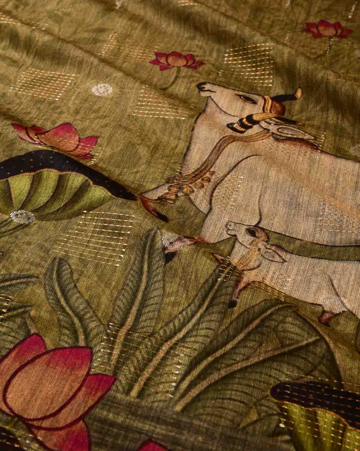 Olive Green Cow Deer & Peacock Digital Printed Woven Munga Silk Saree with Sona Rupa Zari Essence-HolyWeaves