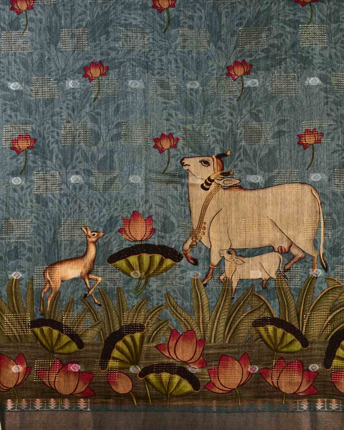 Blue Cow Deer & Peacock Digital Printed Woven Munga Silk Saree with Sona Rupa Zari Essence-HolyWeaves