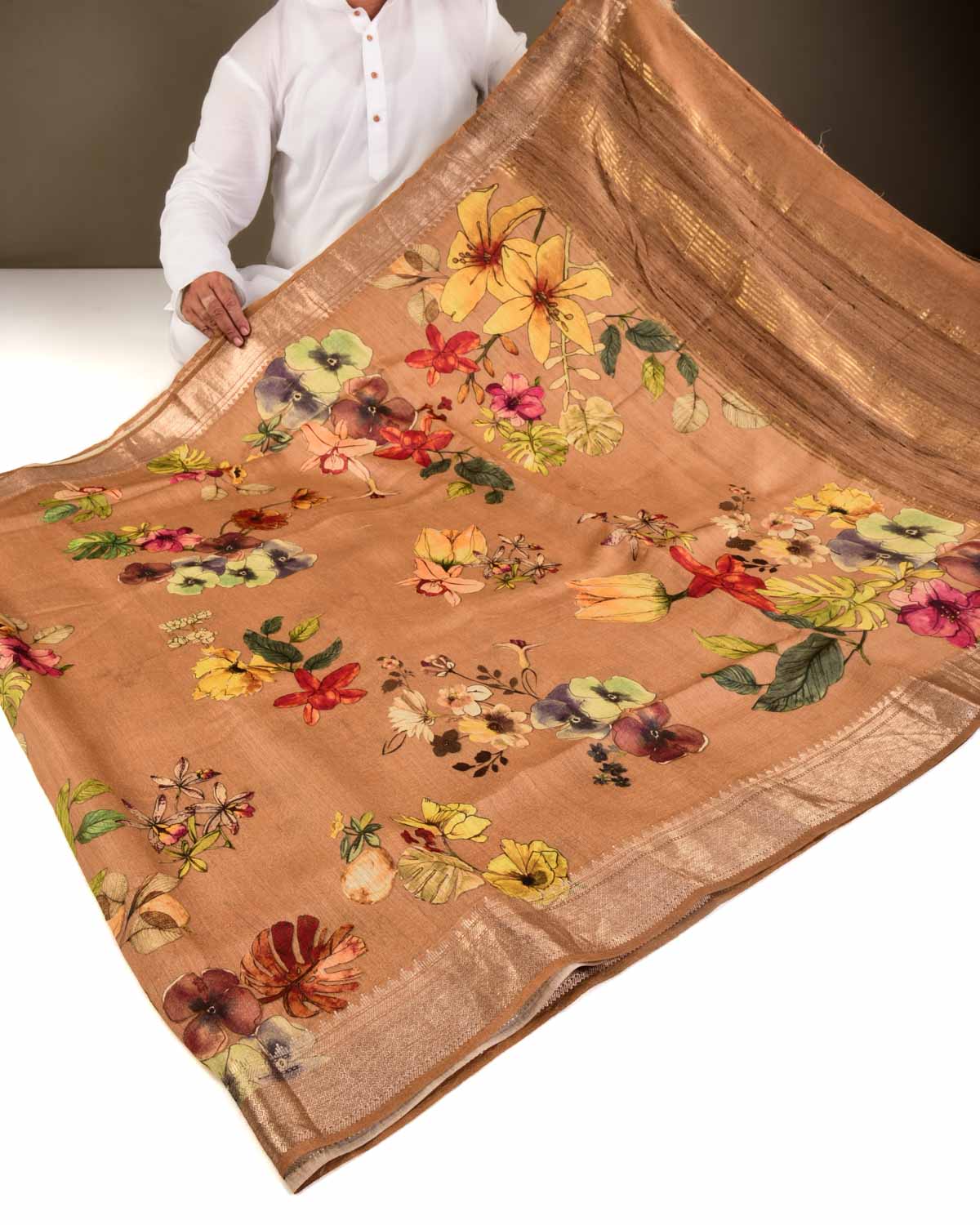 Beige Floral Jaal Printed Lightweight Muga Silk Saree with Zari Border-HolyWeaves