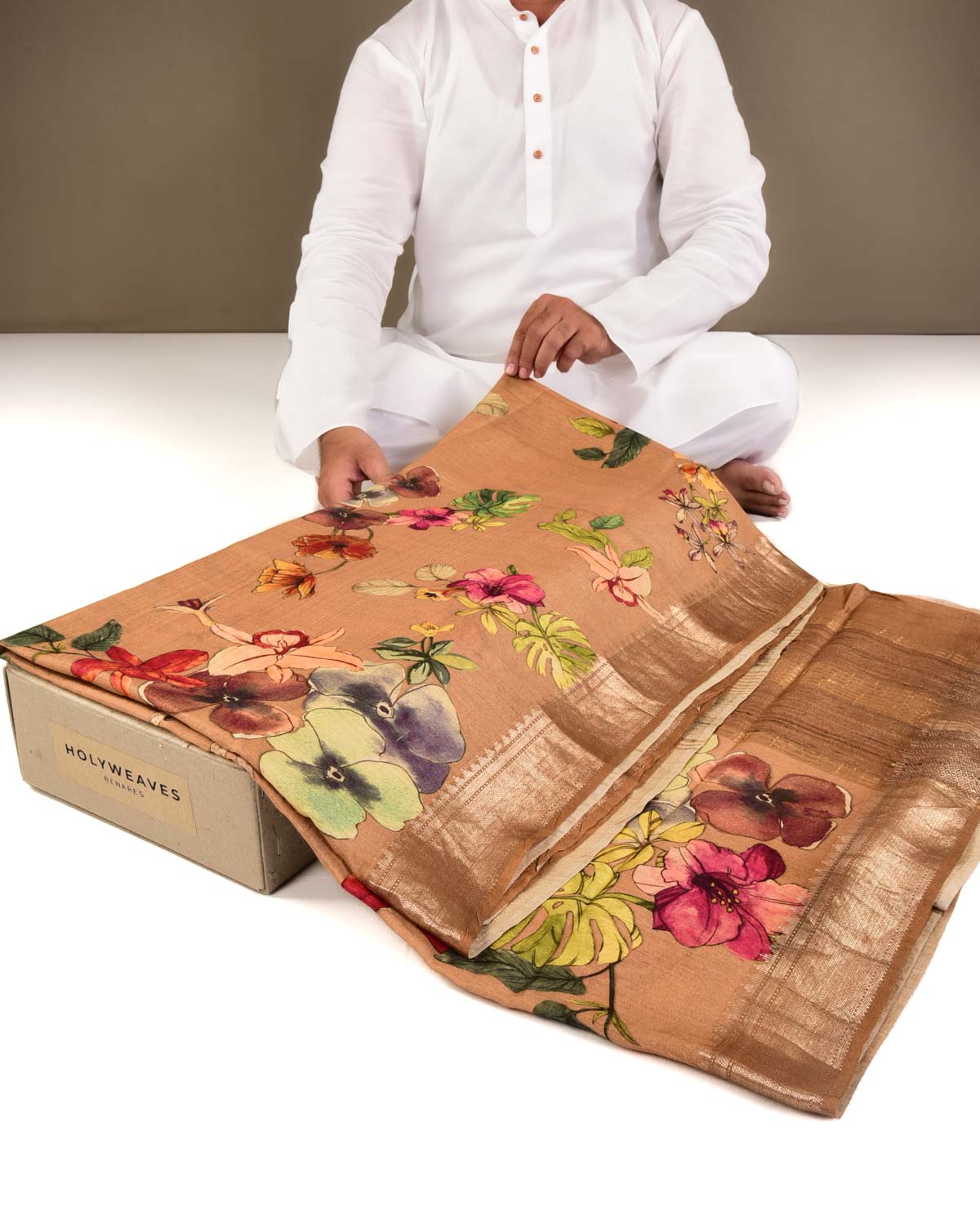 Beige Floral Jaal Printed Lightweight Muga Silk Saree with Zari Border-HolyWeaves