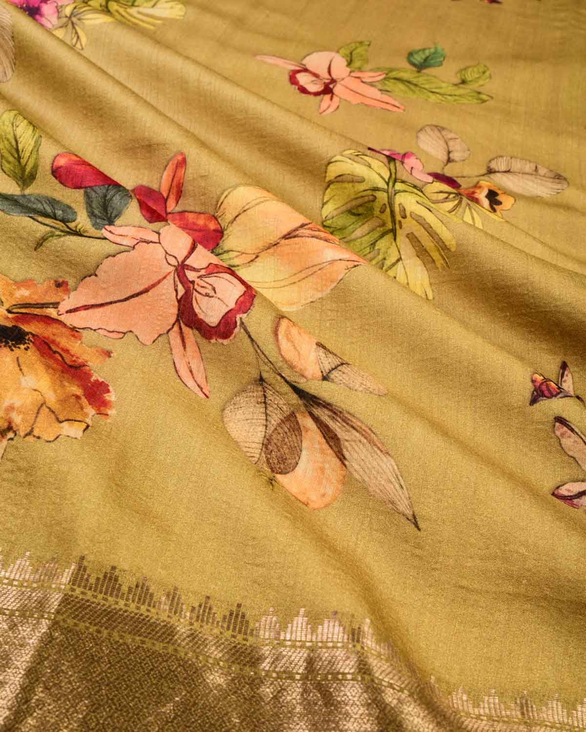 Green Floral Jaal Digital Printed Woven Munga Silk Saree with Zari Border-HolyWeaves
