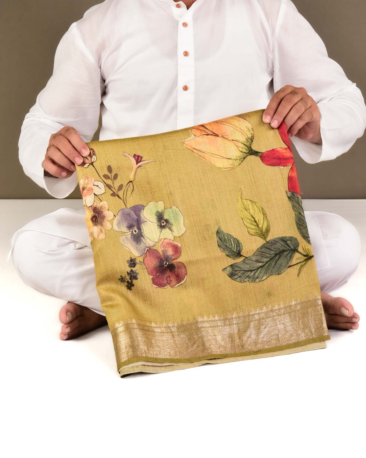 Green Floral Jaal Printed Lightweight Muga Silk Saree with Zari Border-HolyWeaves