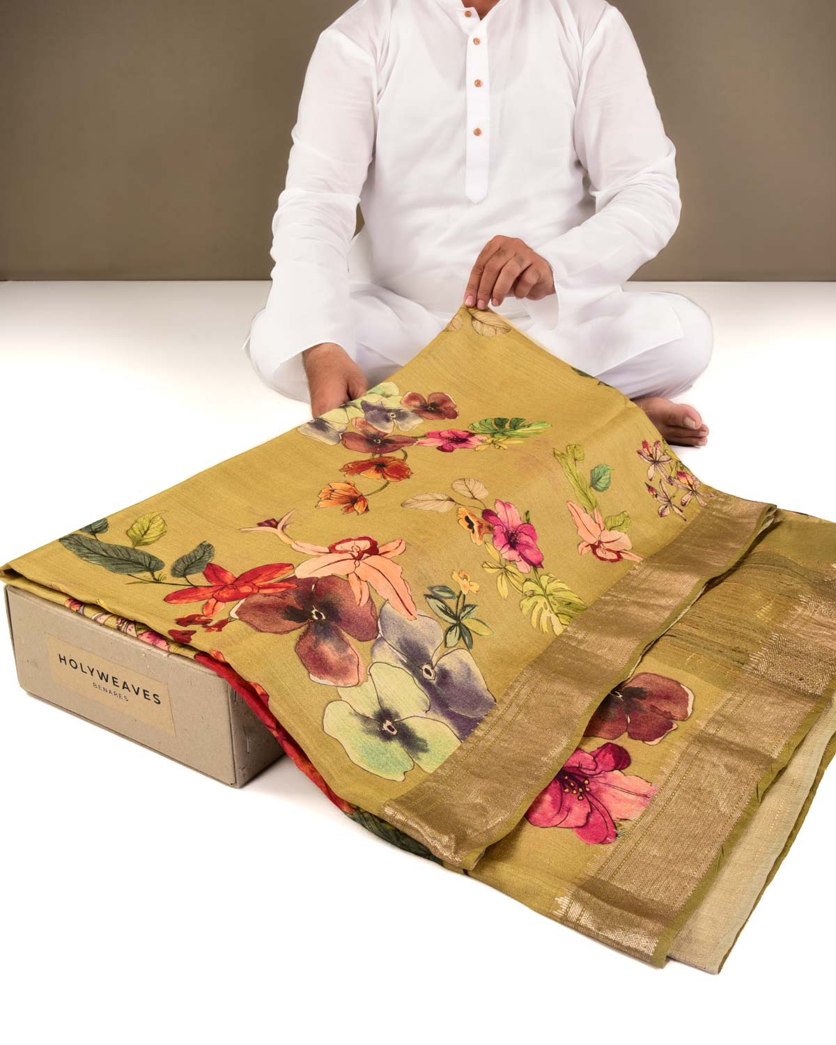 Green Floral Jaal Printed Lightweight Muga Silk Saree with Zari Border-HolyWeaves