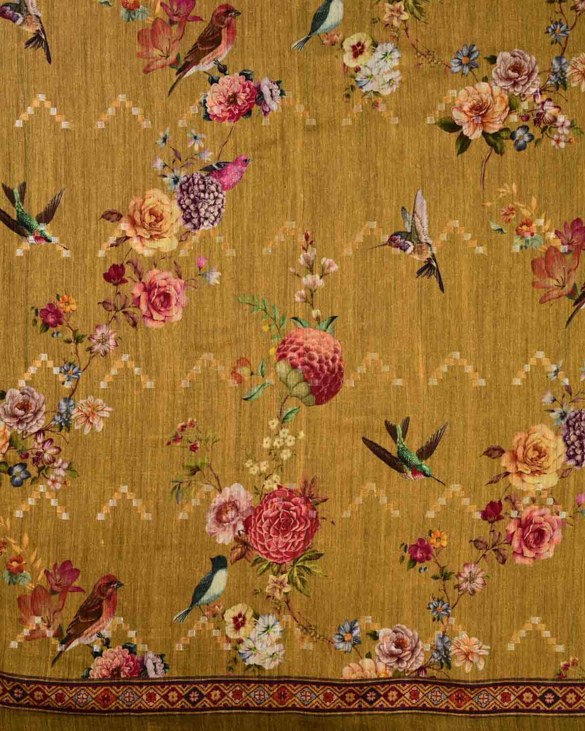 Yellow Floral & Bird Digital Printed Woven Munga Silk Saree with Sona Rupa Zari Essence-HolyWeaves