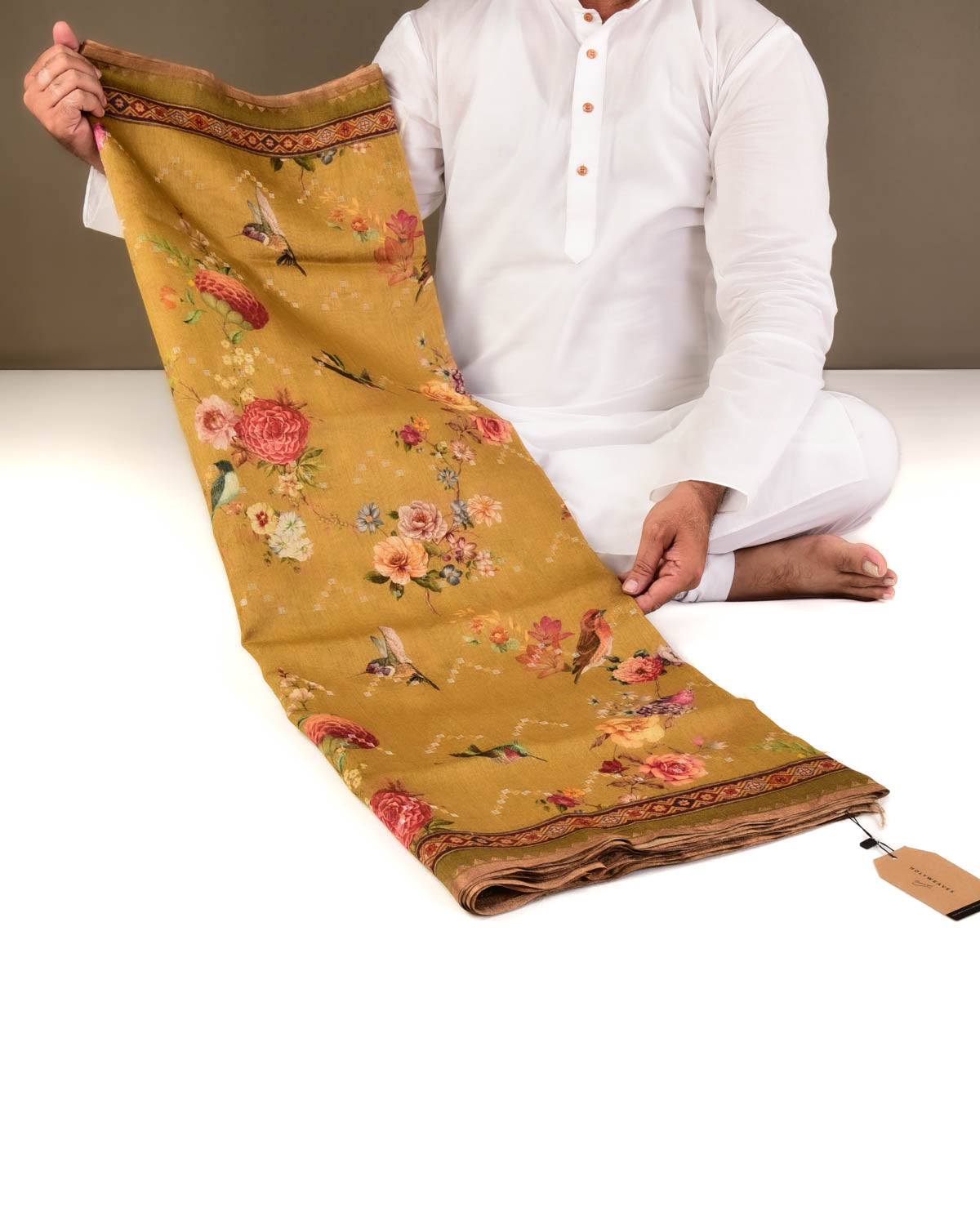 Yellow Floral & Bird Printed Lightweight Muga Silk Saree with Sona Rupa Zari Accents-HolyWeaves