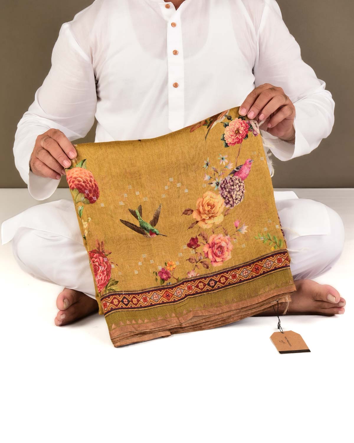 Yellow Floral & Bird Printed Lightweight Muga Silk Saree with Sona Rupa Zari Accents-HolyWeaves
