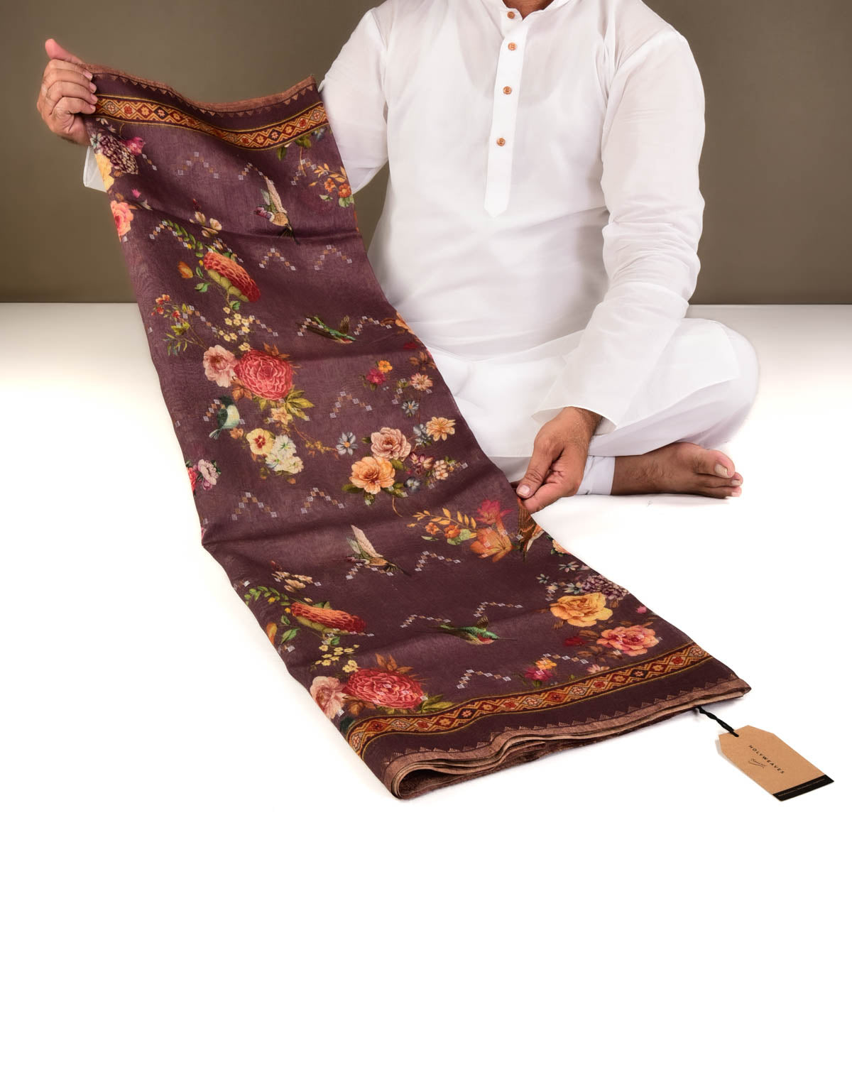 Mauve Floral & Bird Printed Lightweight Muga Silk Saree with Sona Rupa Zari Accents-HolyWeaves