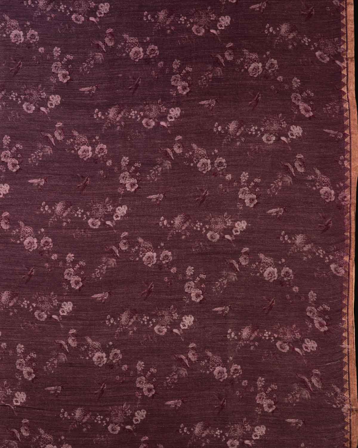 Mauve Floral & Bird Digital Printed Woven Munga Silk Saree with Sona Rupa Zari Essence-HolyWeaves