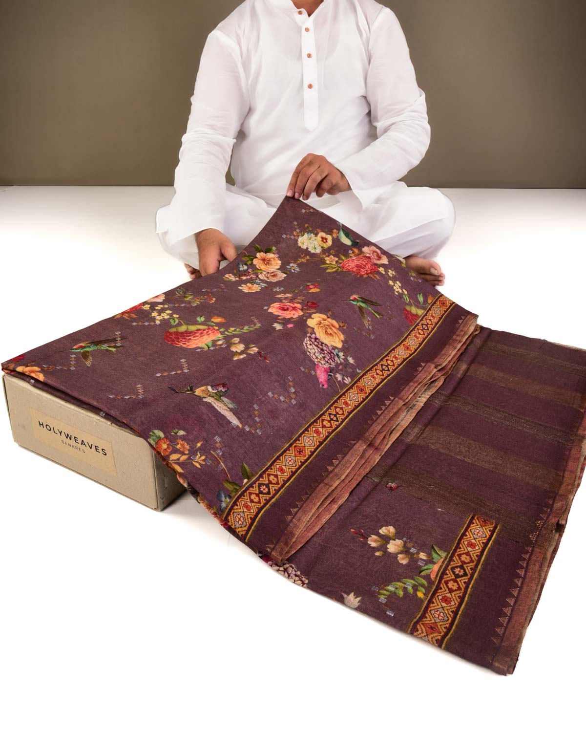 Mauve Floral & Bird Printed Lightweight Muga Silk Saree with Sona Rupa Zari Accents-HolyWeaves