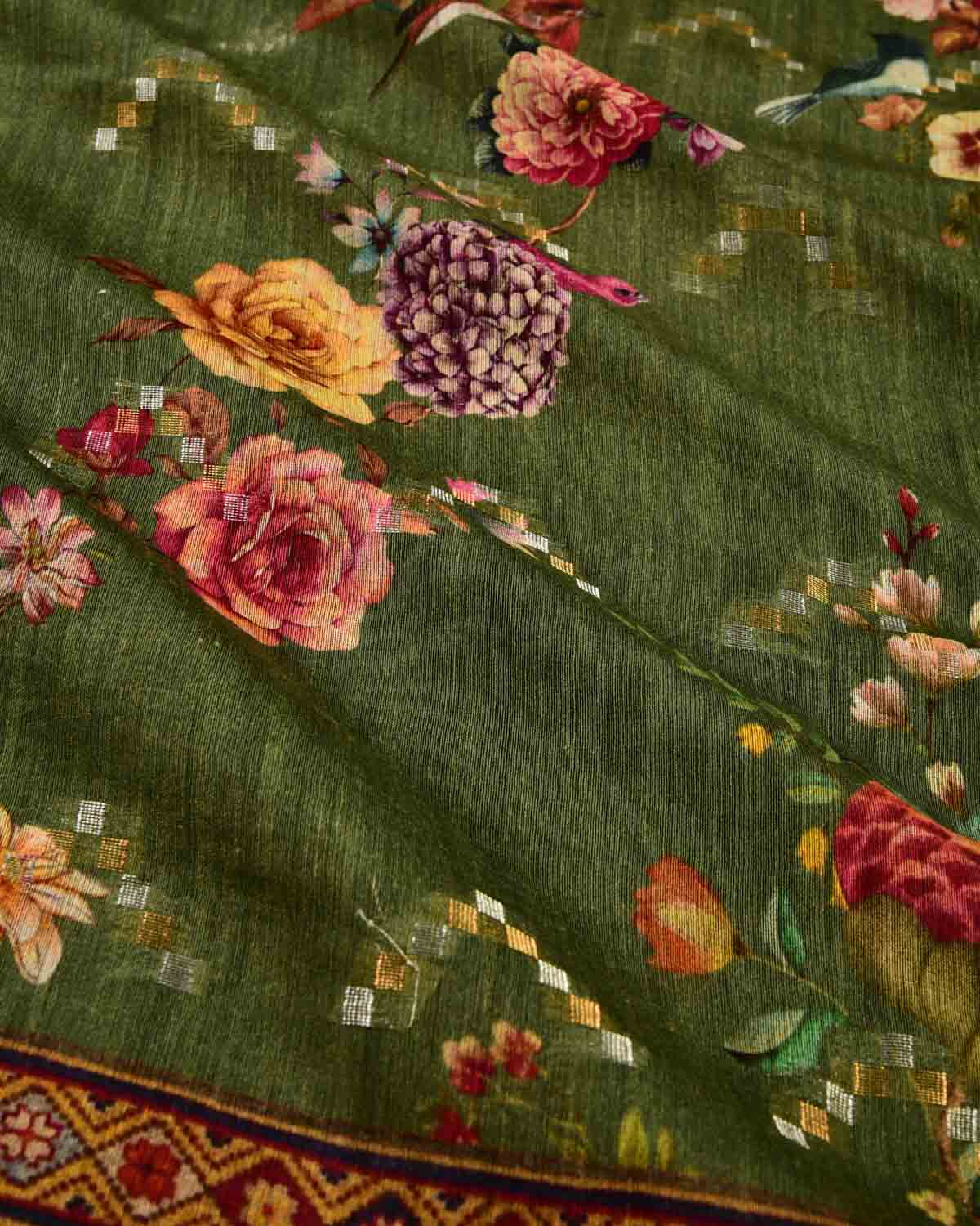 Green Floral & Bird Digital Printed Woven Munga Silk Saree with Sona Rupa Zari Essence-HolyWeaves