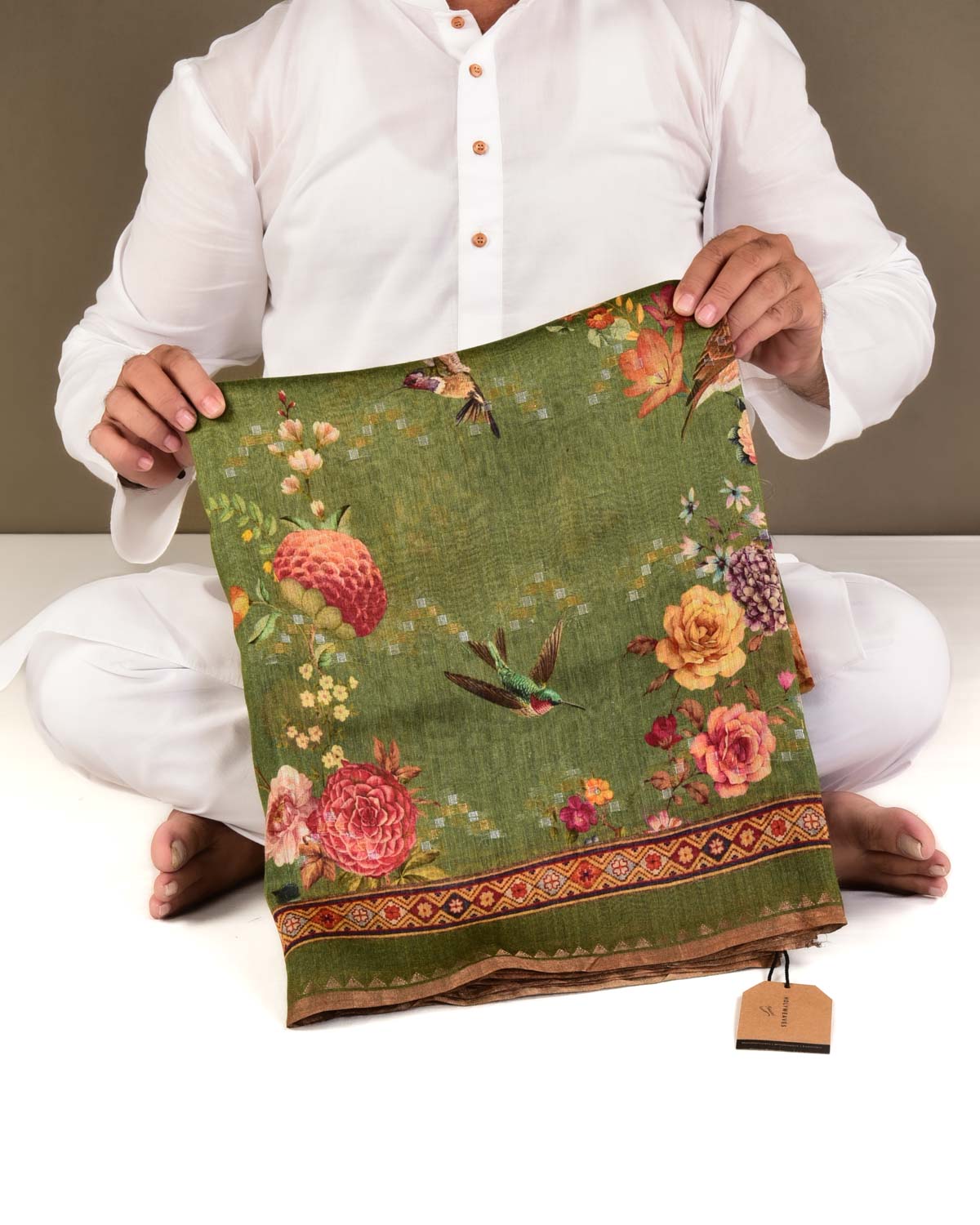 Green Floral & Bird Printed Lightweight Muga Silk Saree with Sona Rupa Zari Accents-HolyWeaves