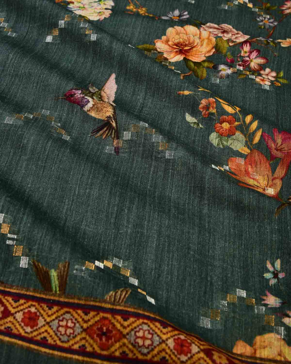 Blue Floral & Bird Digital Printed Woven Munga Silk Saree with Sona Rupa Zari Essence-HolyWeaves