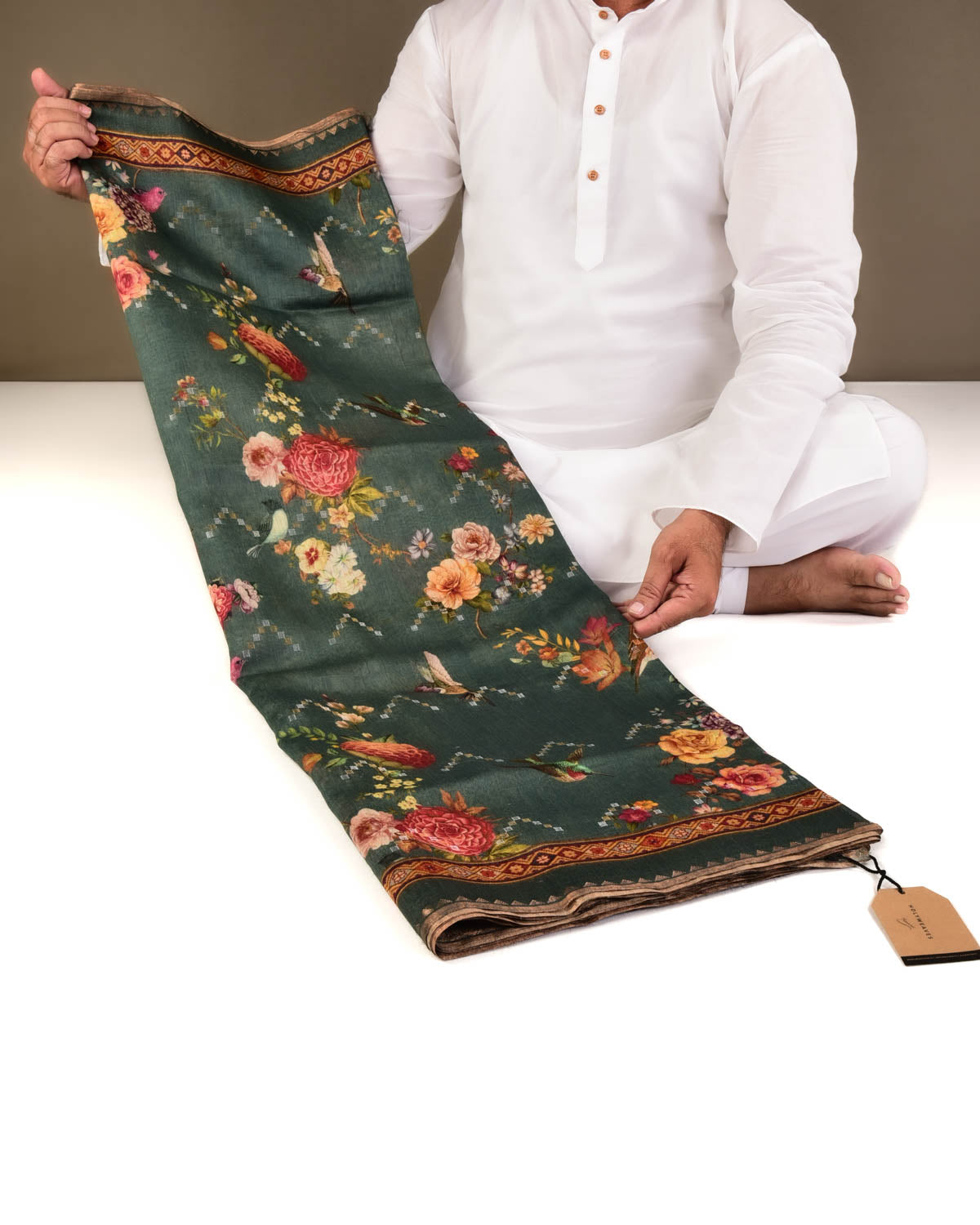 Blue Floral & Bird Printed Lightweight Muga Silk Saree with Sona Rupa Zari Accents-HolyWeaves