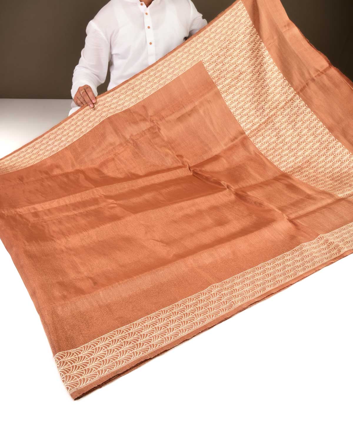 Metallic Rust Banarasi Ektara Kadhuan Brocade Handwoven Katan Tissue Saree with Geometrical Grid Anchal & Border-HolyWeaves