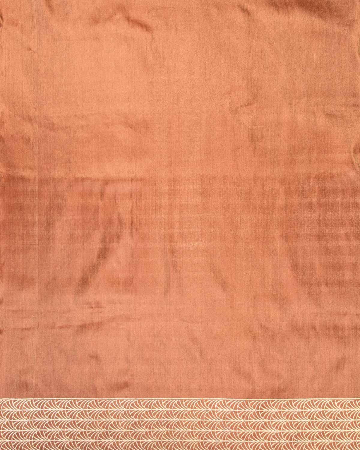 Metallic Rust Banarasi Ektara Kadhuan Brocade Handwoven Katan Tissue Saree with Geometrical Grid Anchal & Border-HolyWeaves