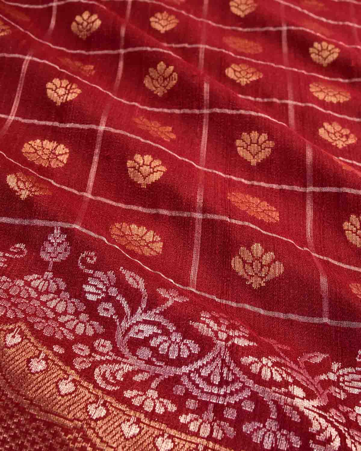 Matte Red Banarasi Gharchola Cutwork Brocade Handwoven Tasar Georgette Saree-HolyWeaves