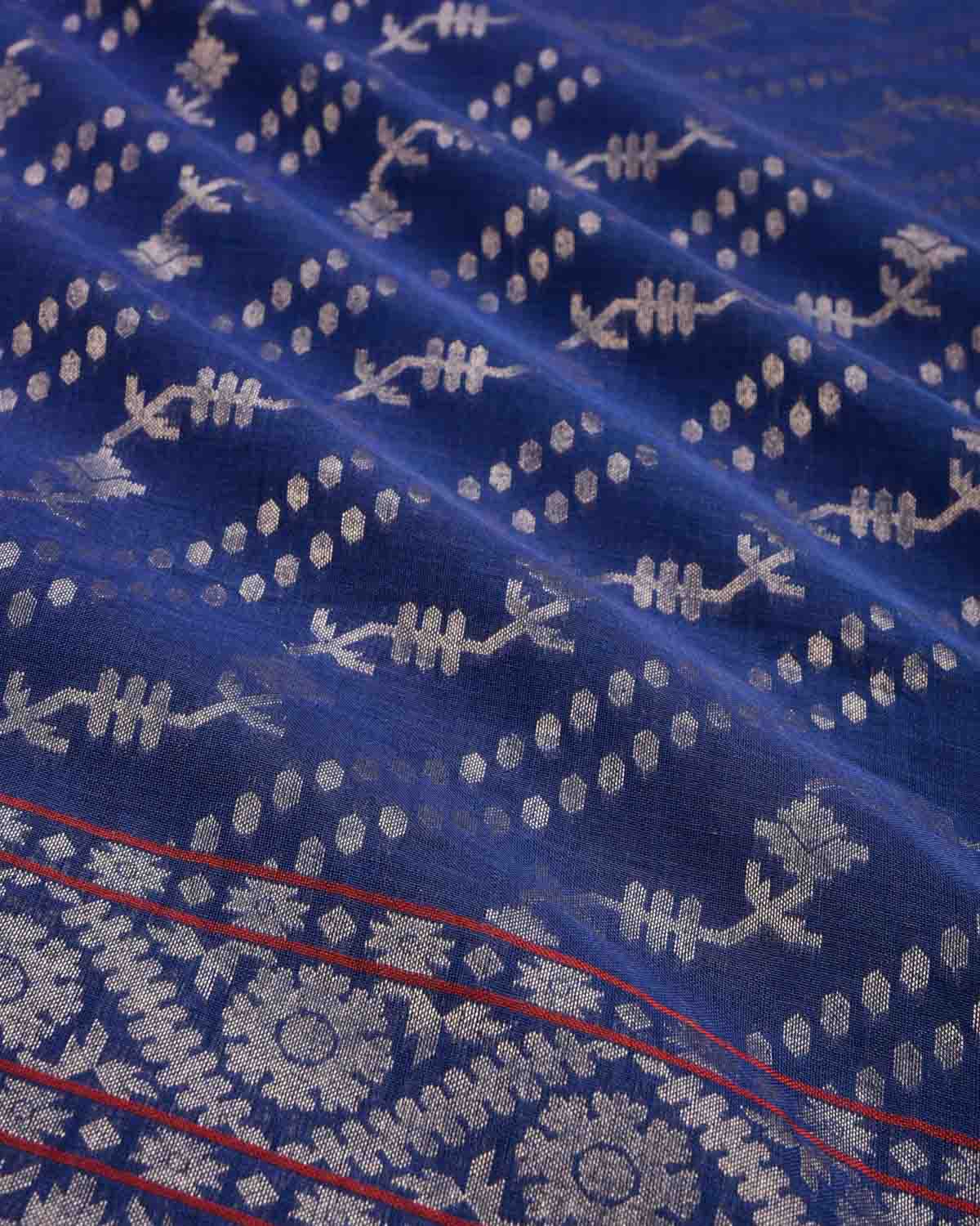 Blue Banarasi Ektara Pauri Cutwork Brocade Handwoven Cotton Silk Saree-HolyWeaves