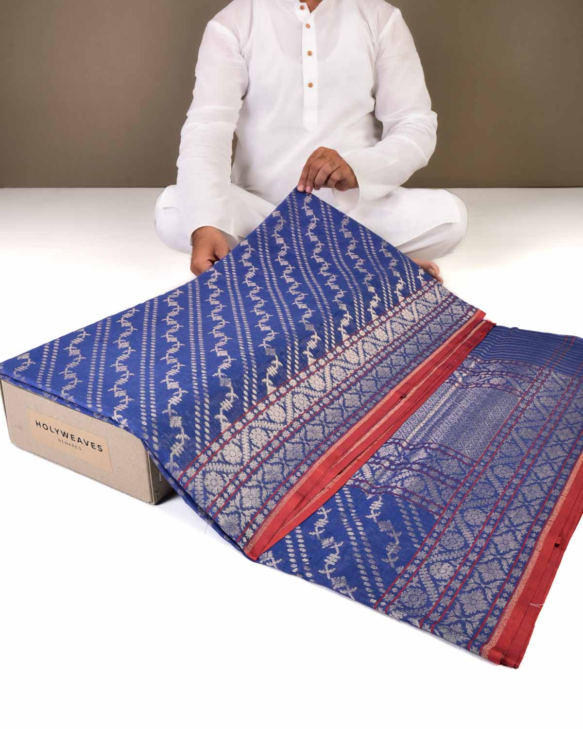 Blue Banarasi Ektara Pauri Cutwork Brocade Handwoven Cotton Silk Saree-HolyWeaves
