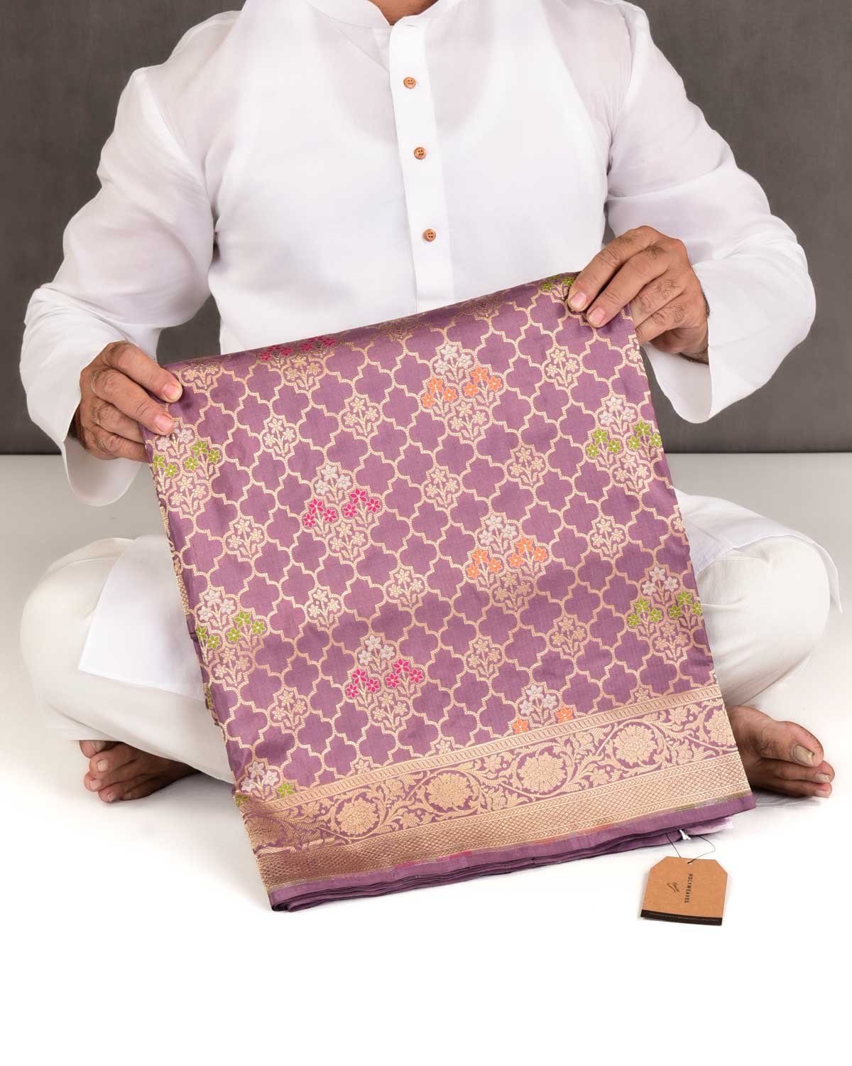 Mauve Banarasi Gold Zari & Resham Jharokha Cutwork Brocade Handwoven Katan Silk Saree-HolyWeaves