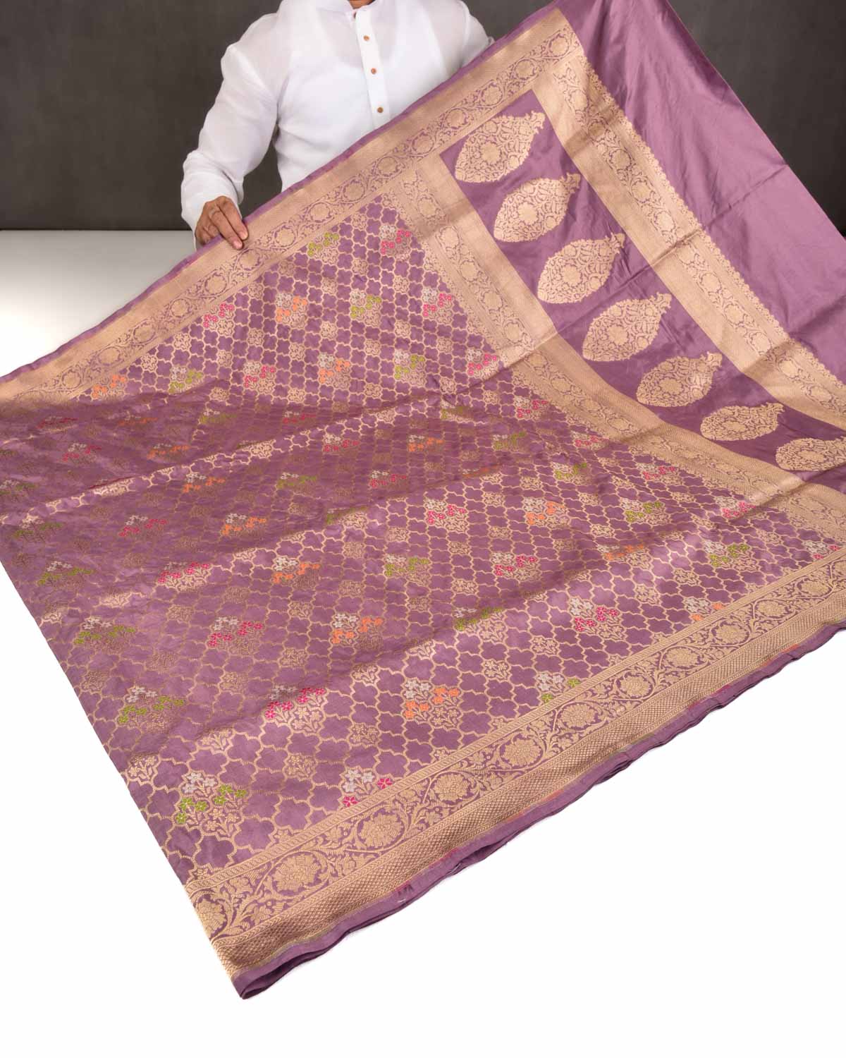 Mauve Banarasi Gold Zari & Resham Jharokha Cutwork Brocade Handwoven Katan Silk Saree-HolyWeaves