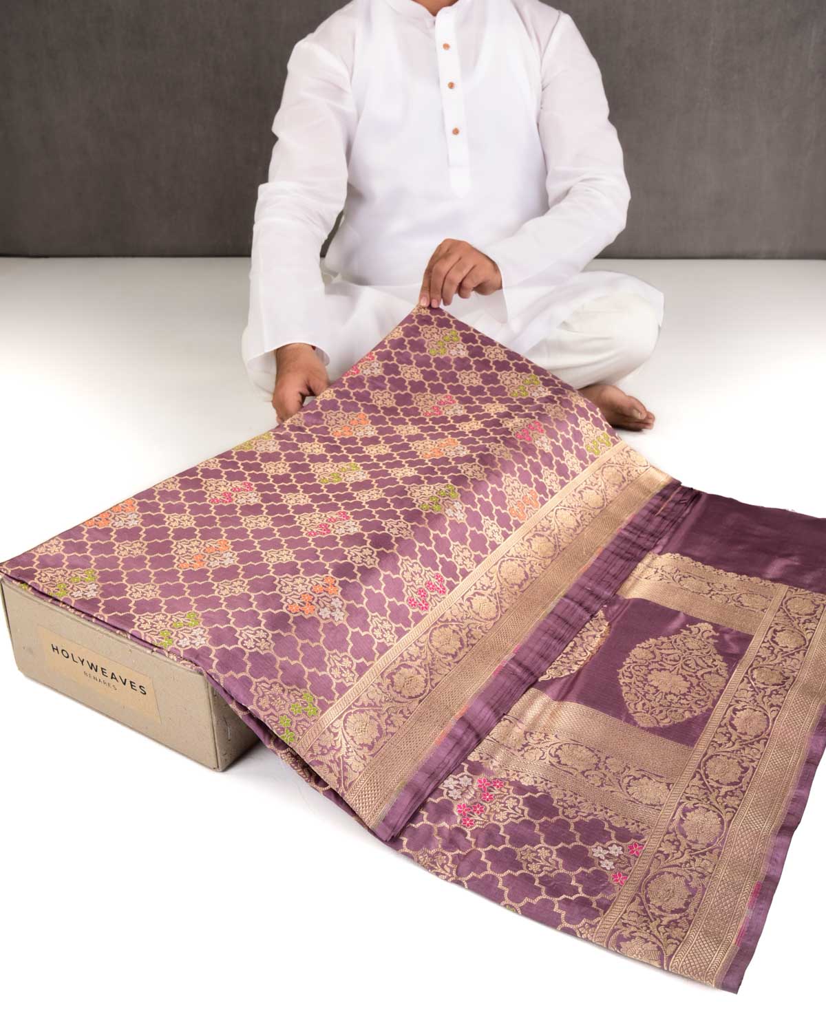 Mauve Banarasi Gold Zari & Resham Jharokha Cutwork Brocade Handwoven Katan Silk Saree-HolyWeaves