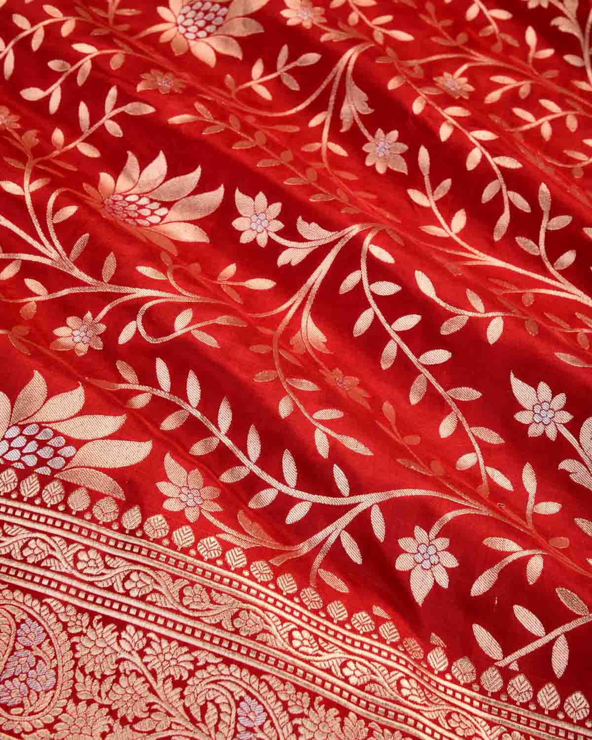 Bridal Red Banarasi Gold & Silver Zari Floral Jaal Cutwork Brocade Handwoven Katan Silk Saree-HolyWeaves