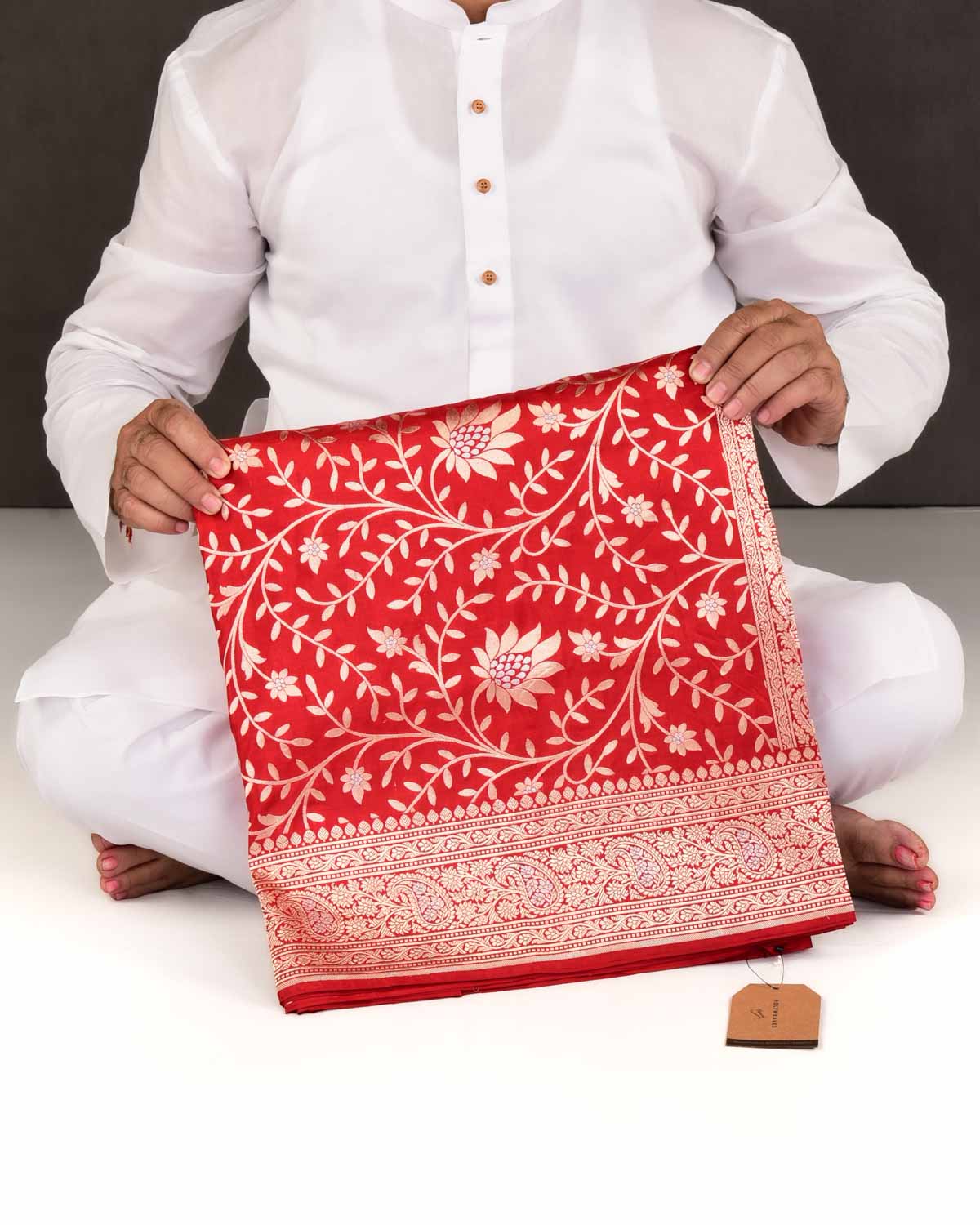 Bridal Red Banarasi Gold & Silver Zari Floral Jaal Cutwork Brocade Handwoven Katan Silk Saree-HolyWeaves