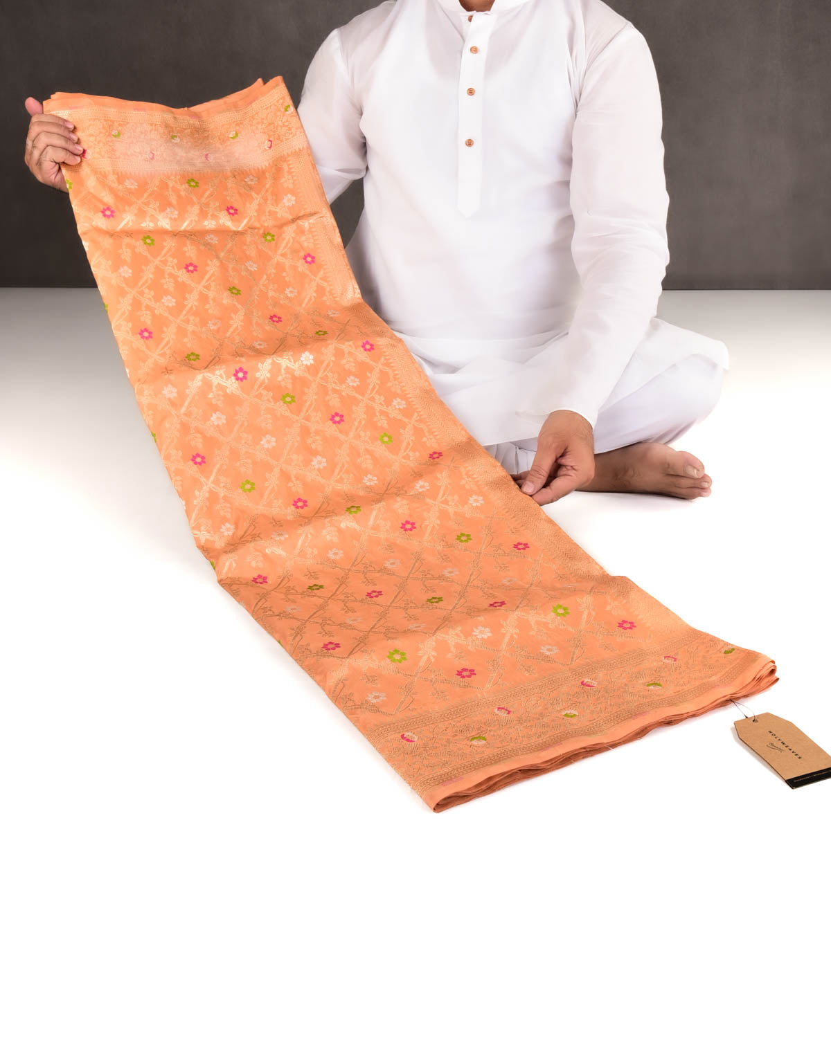 Peach Banarasi Gold Zari & Resham Meena Jaal Cutwork Brocade Handwoven Katan Silk Saree-HolyWeaves