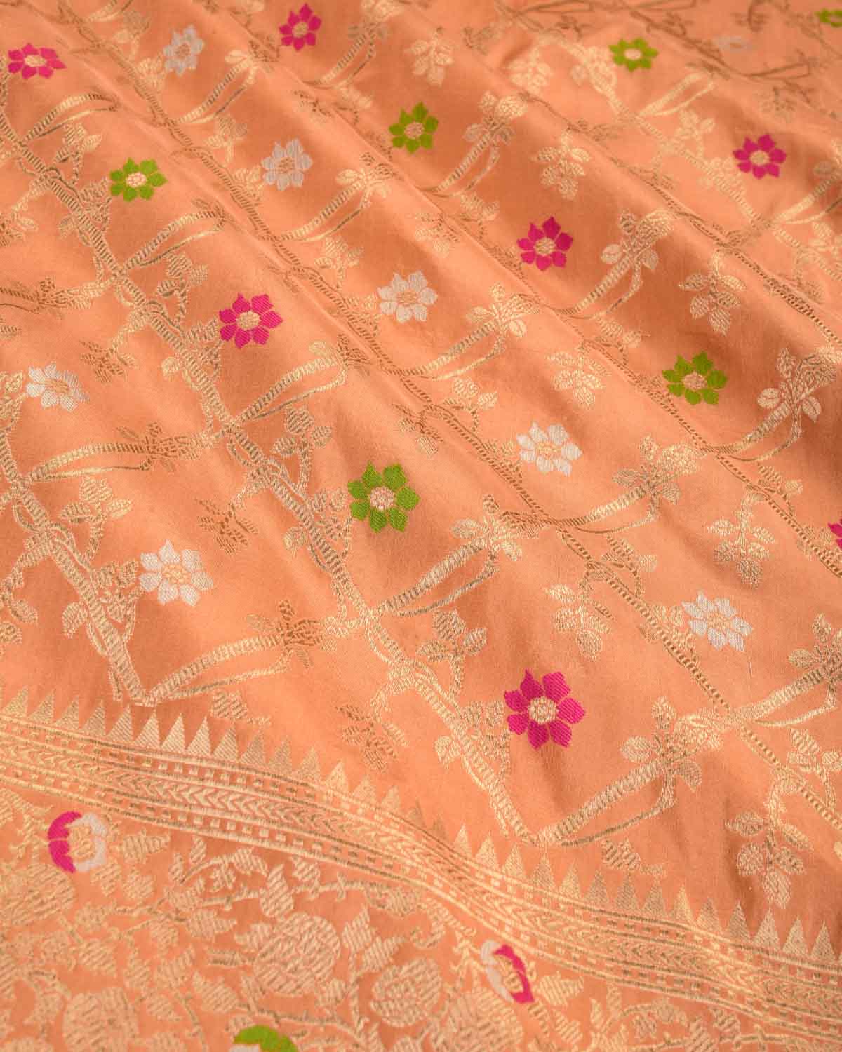 Peach Banarasi Gold Zari & Resham Meena Jaal Cutwork Brocade Handwoven Katan Silk Saree-HolyWeaves