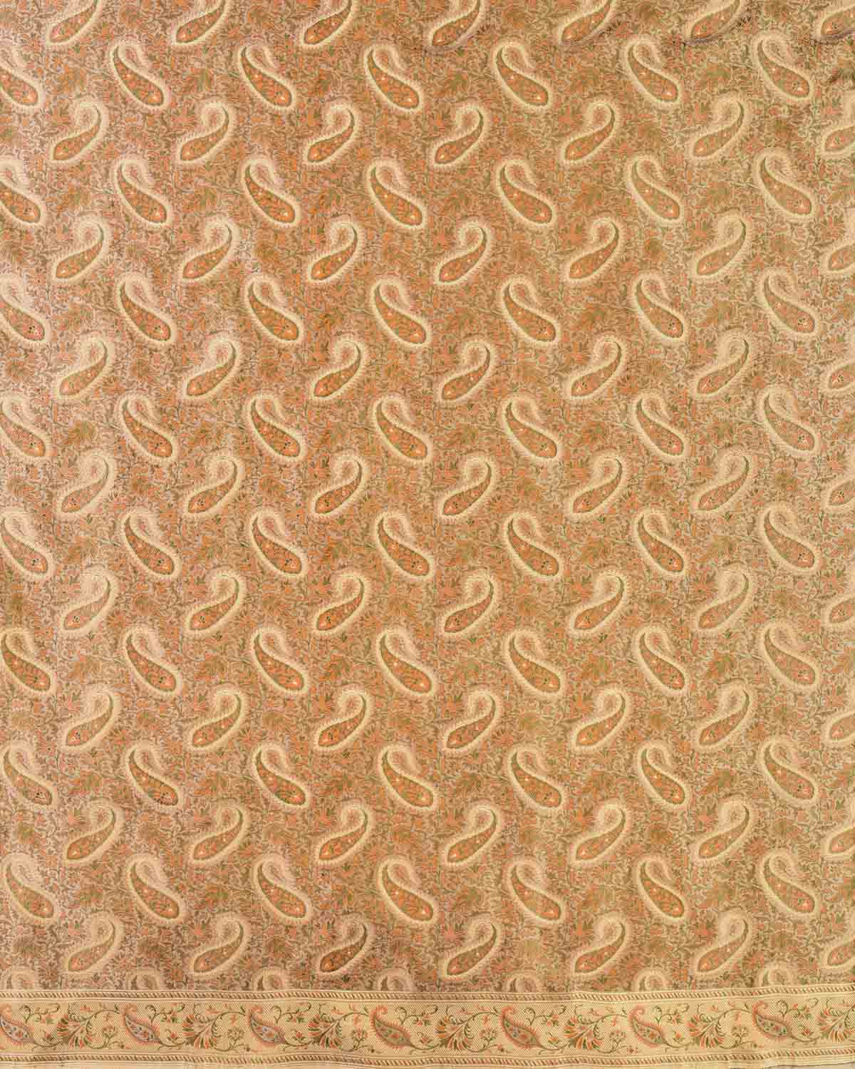 Beige Banarasi Paisely Brocade Handwoven Katan Jamawar Saree with Zari Cutwork-HolyWeaves