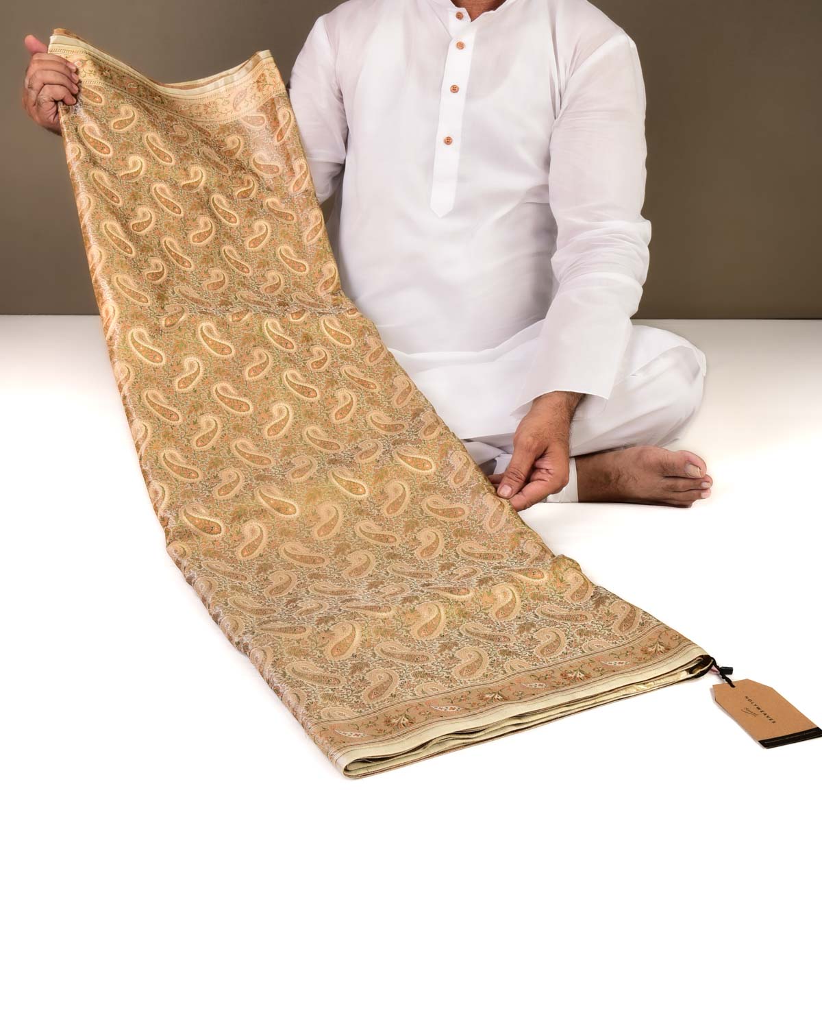 Beige Banarasi Paisely Brocade Handwoven Katan Jamawar Saree with Zari Cutwork-HolyWeaves