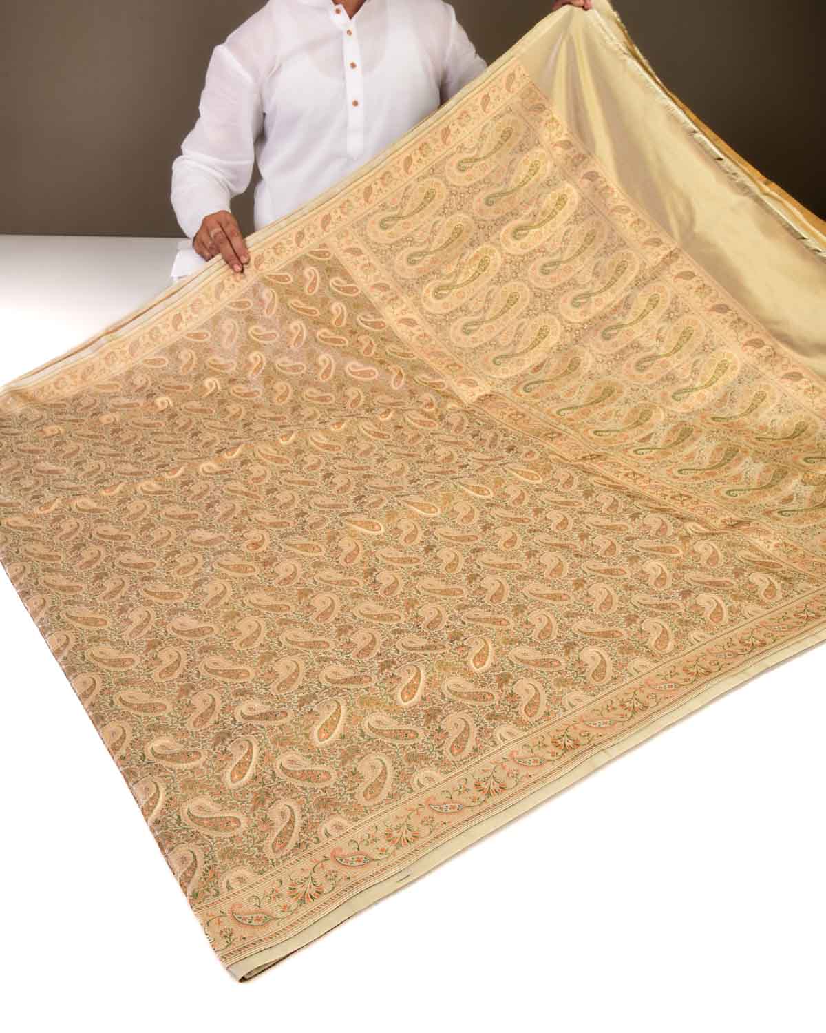 Beige Banarasi Paisely Brocade Handwoven Katan Jamawar Saree with Zari Cutwork-HolyWeaves