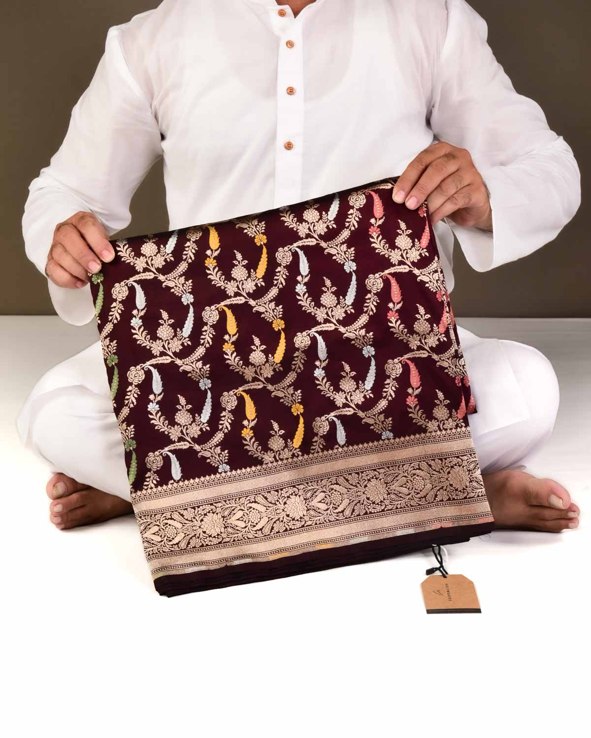 Mahogany Banarasi Alfi Jaal Gold Zari & Resham Cutwork Brocade Handwoven Katan Silk Saree-HolyWeaves